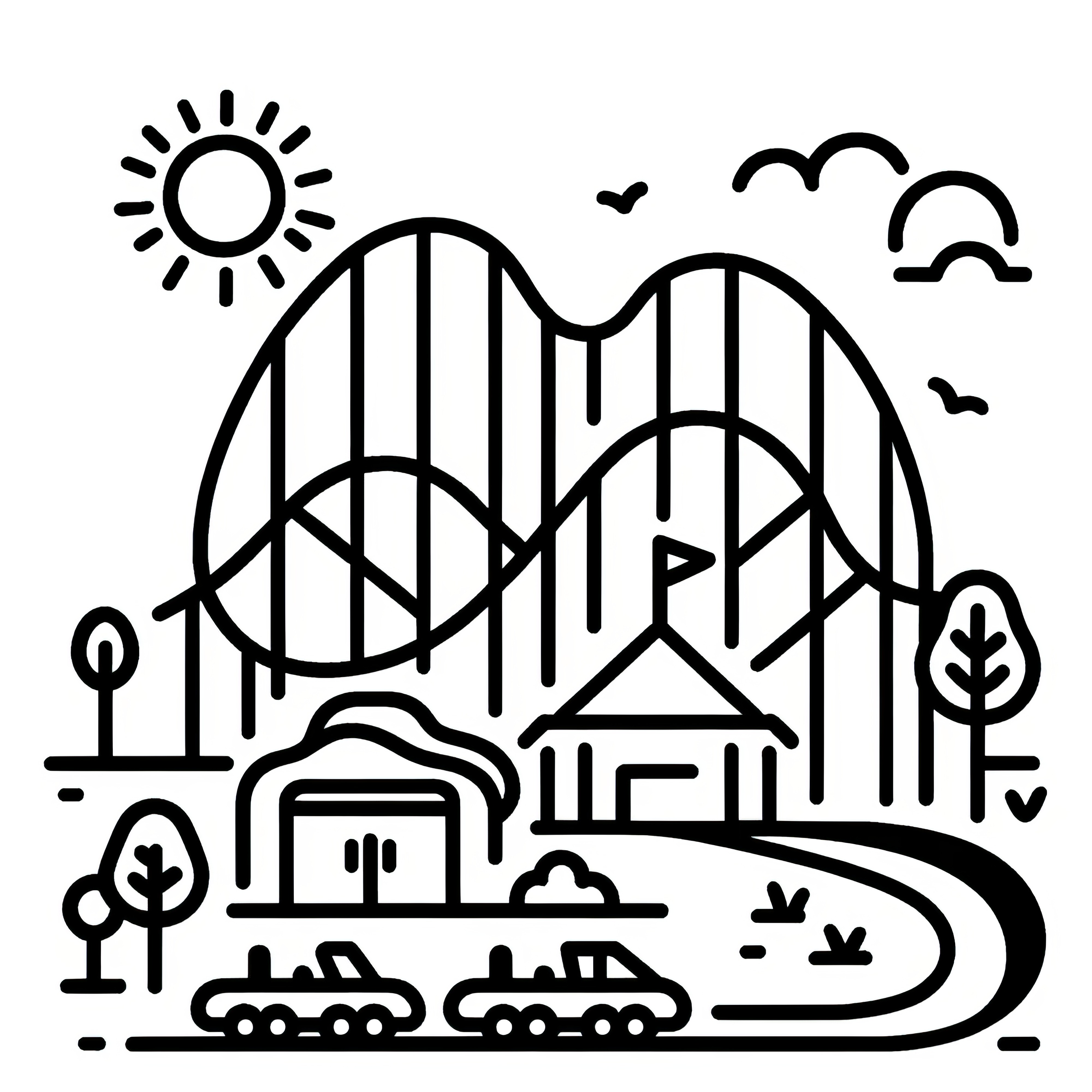 アミューズメントパークのジェットコースター：子供向けの簡単な塗り絵（無料）