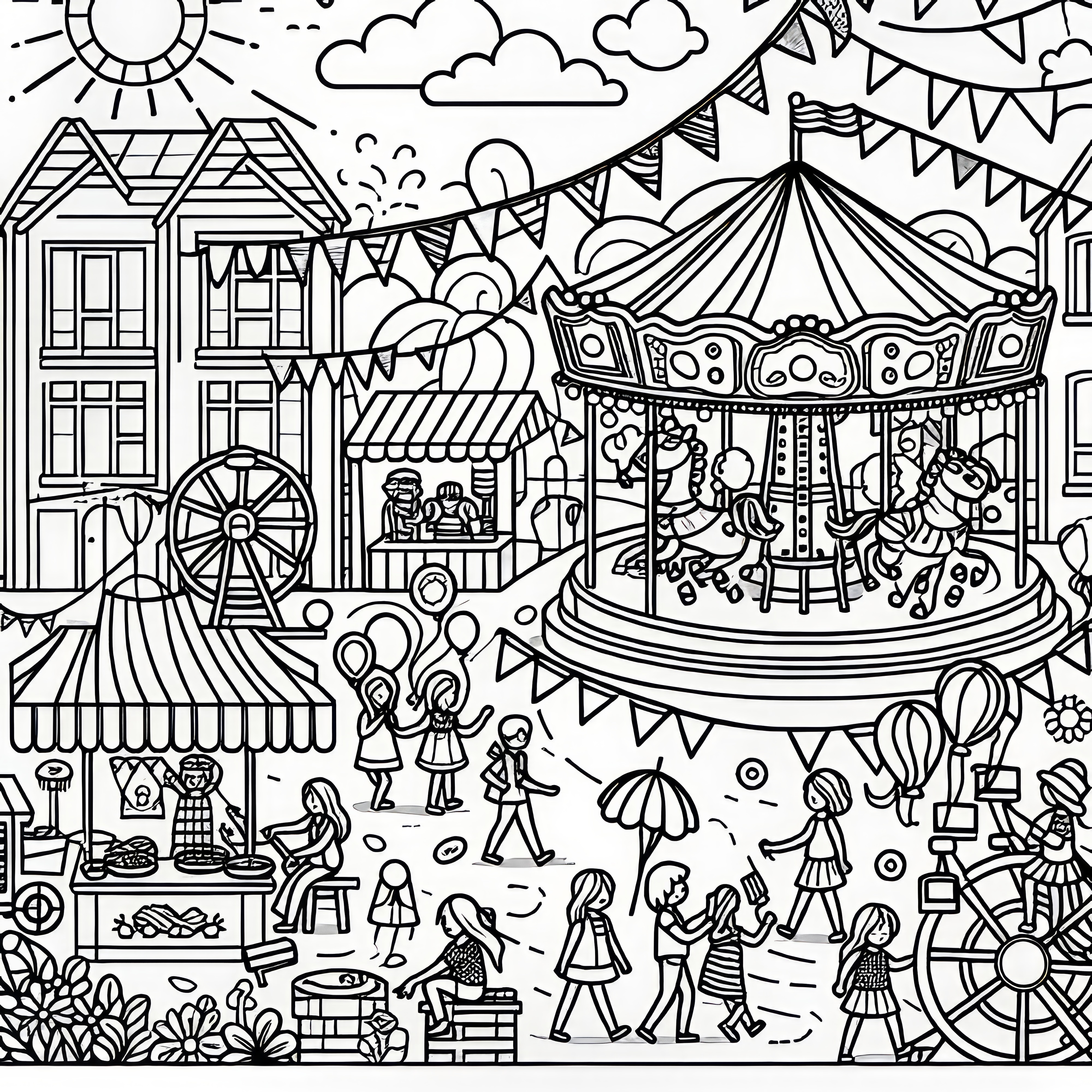 Happy hustle and bustle in the amusement park as a coloring picture (Free)