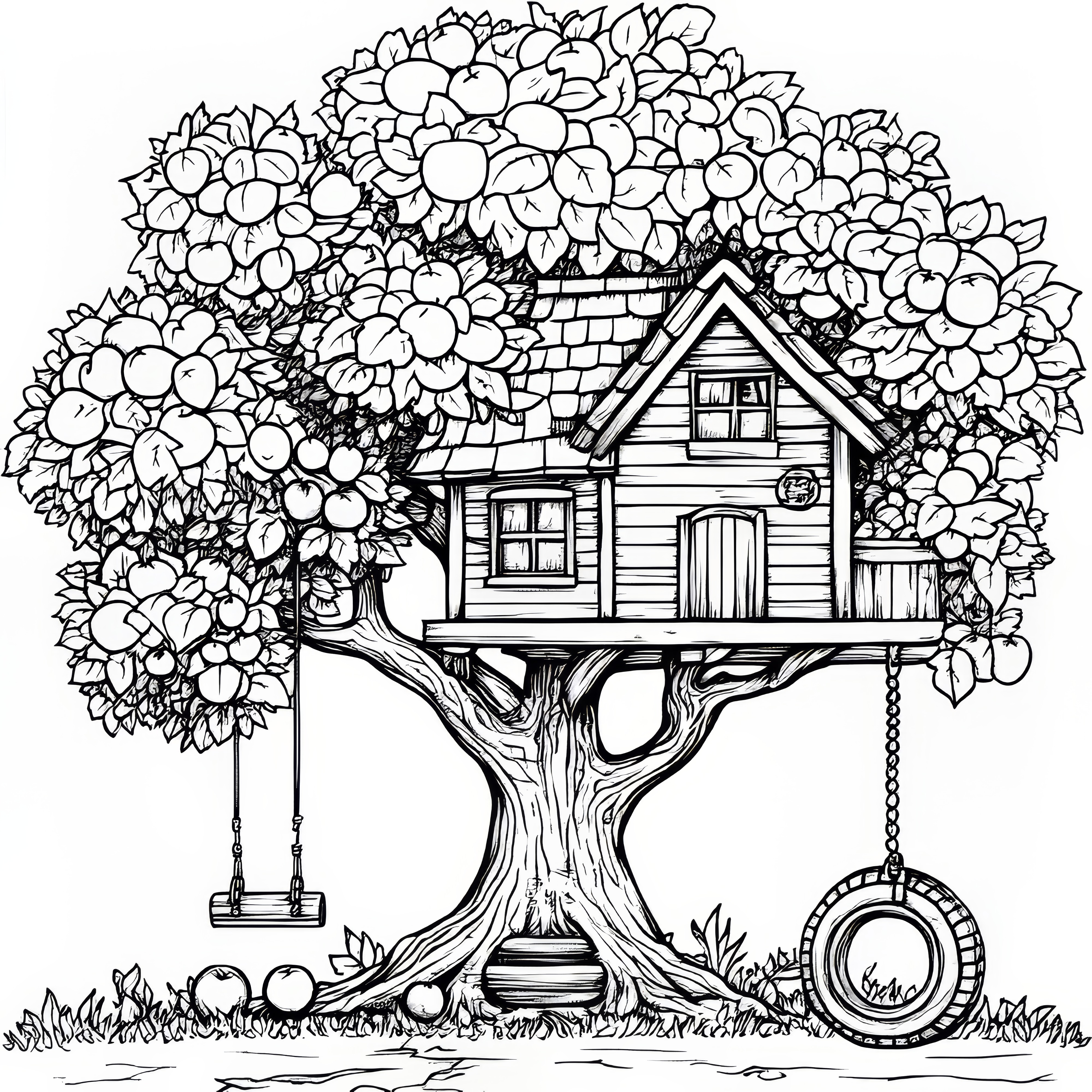 Big treehouse with swings: coloring page free to download