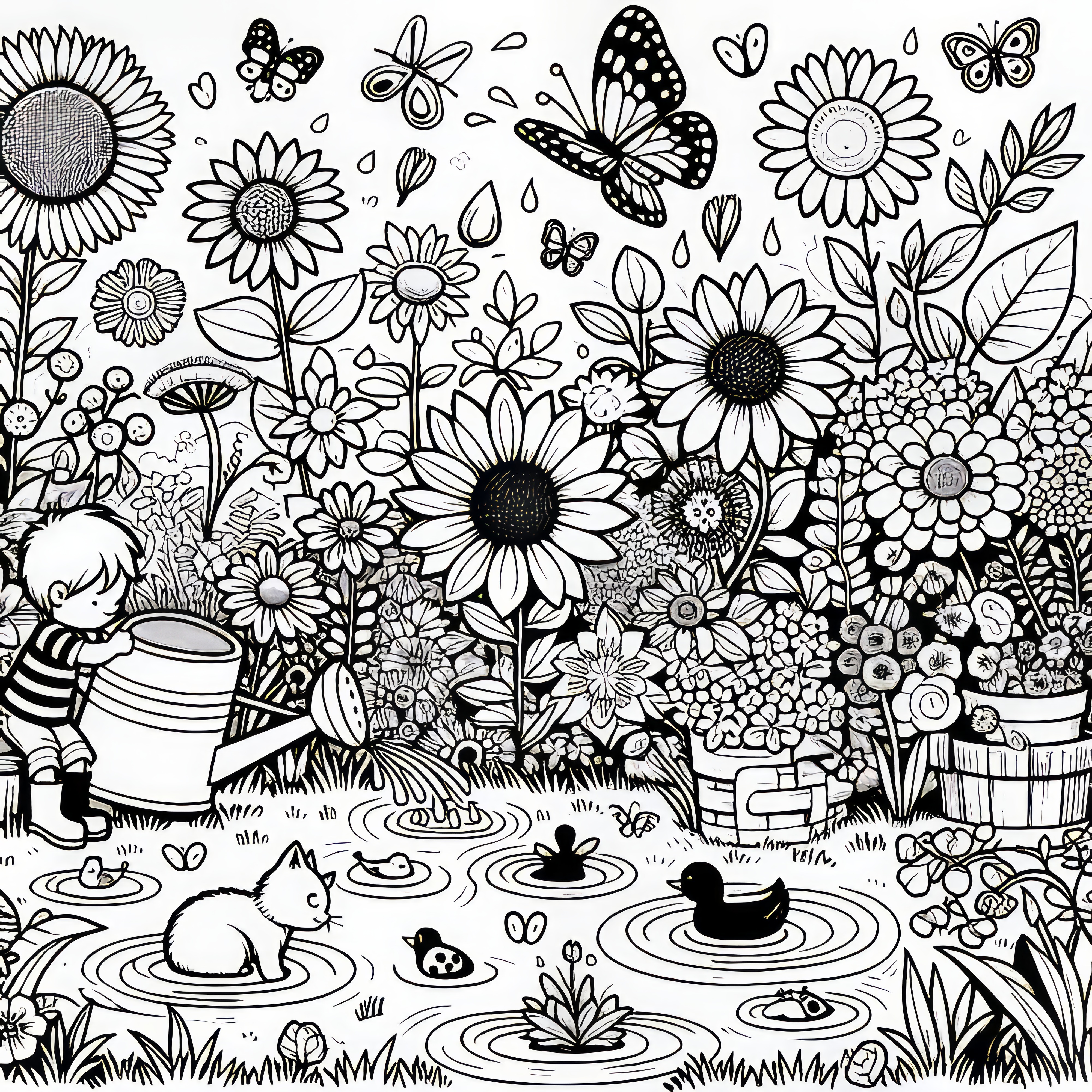 庭の小さな池のそばで花を楽しむ子供： 無料のぬり絵