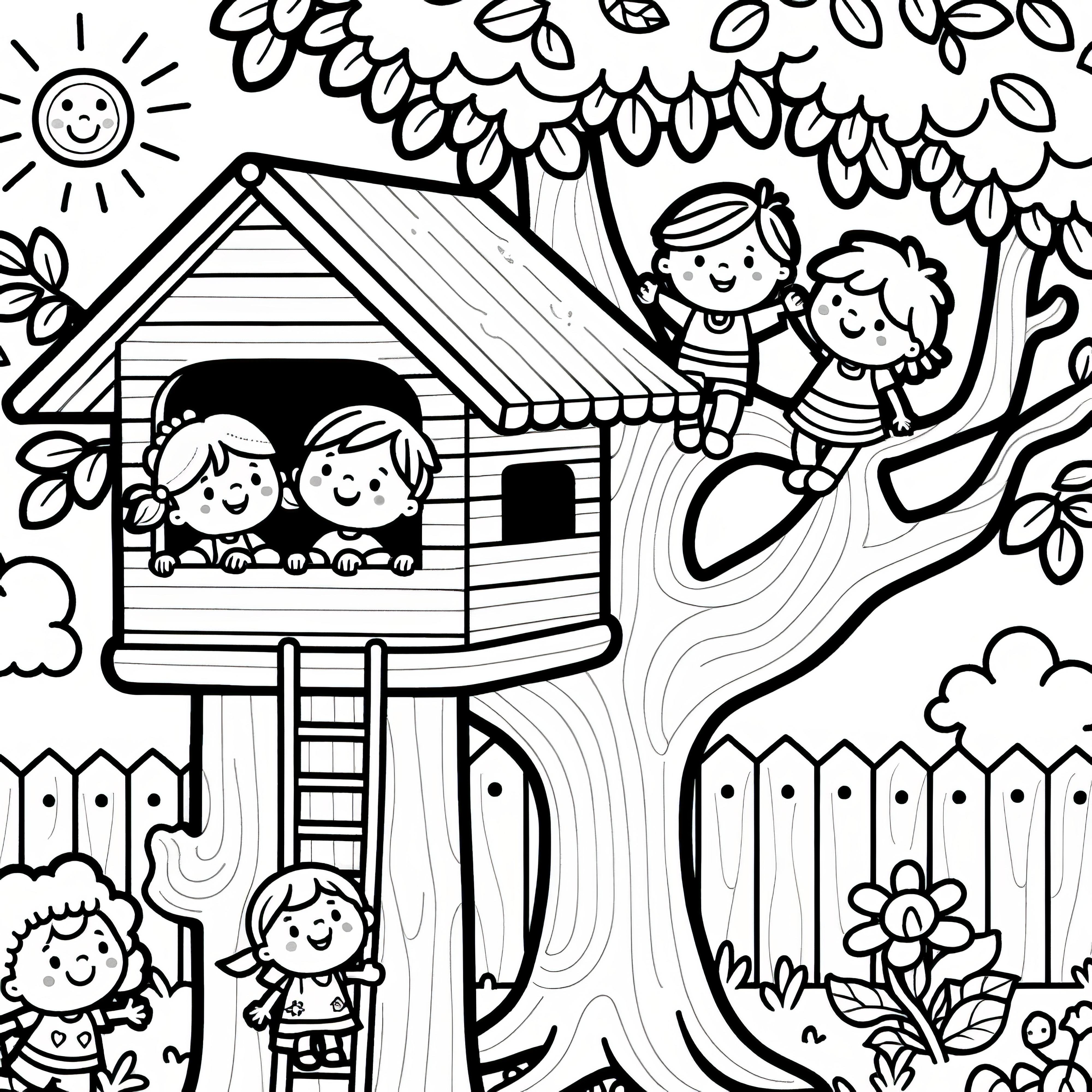 Happy children are playing in the treehouse: Coloring picture for free