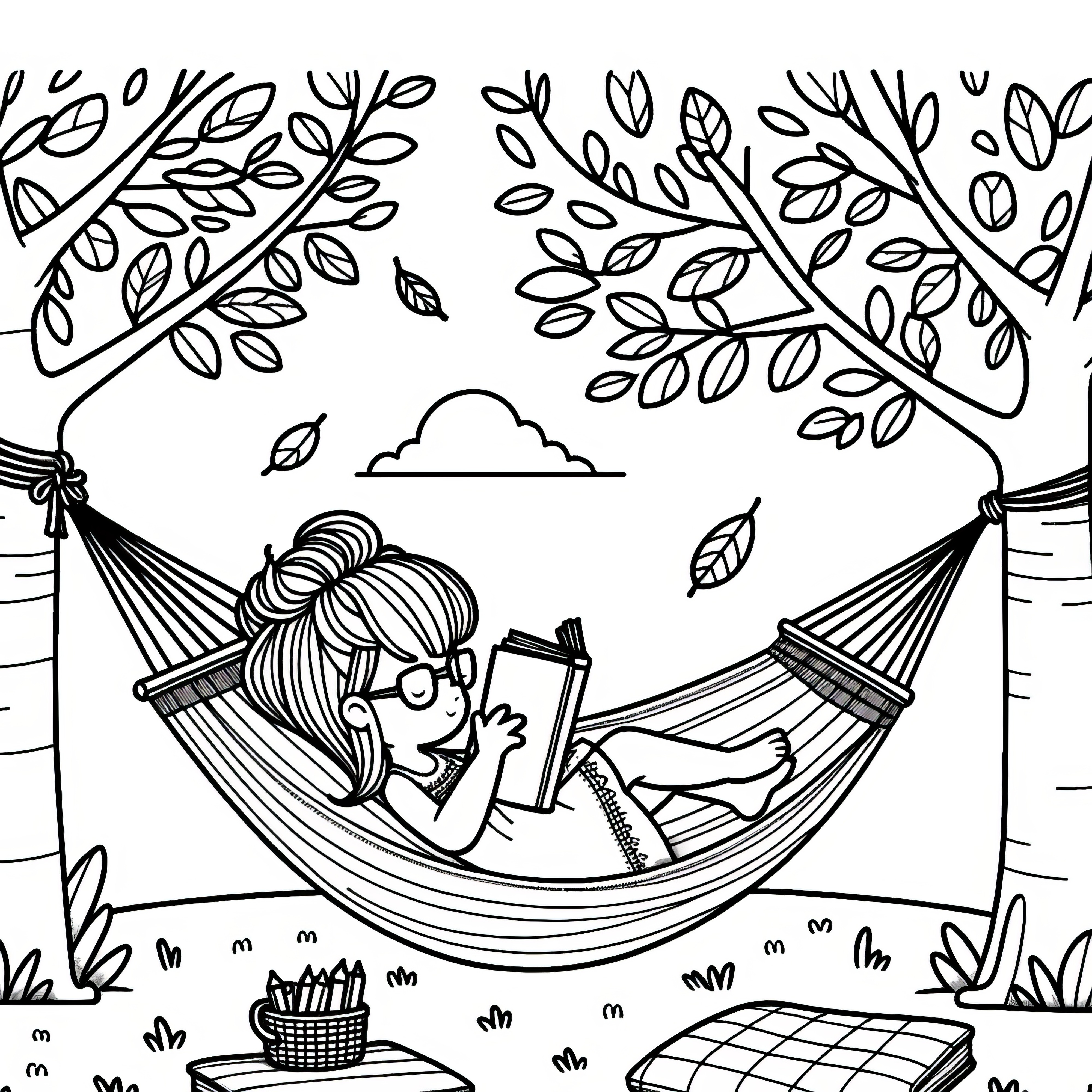 庭でハンモックで読書：ダウンロード用の塗り絵（無料）