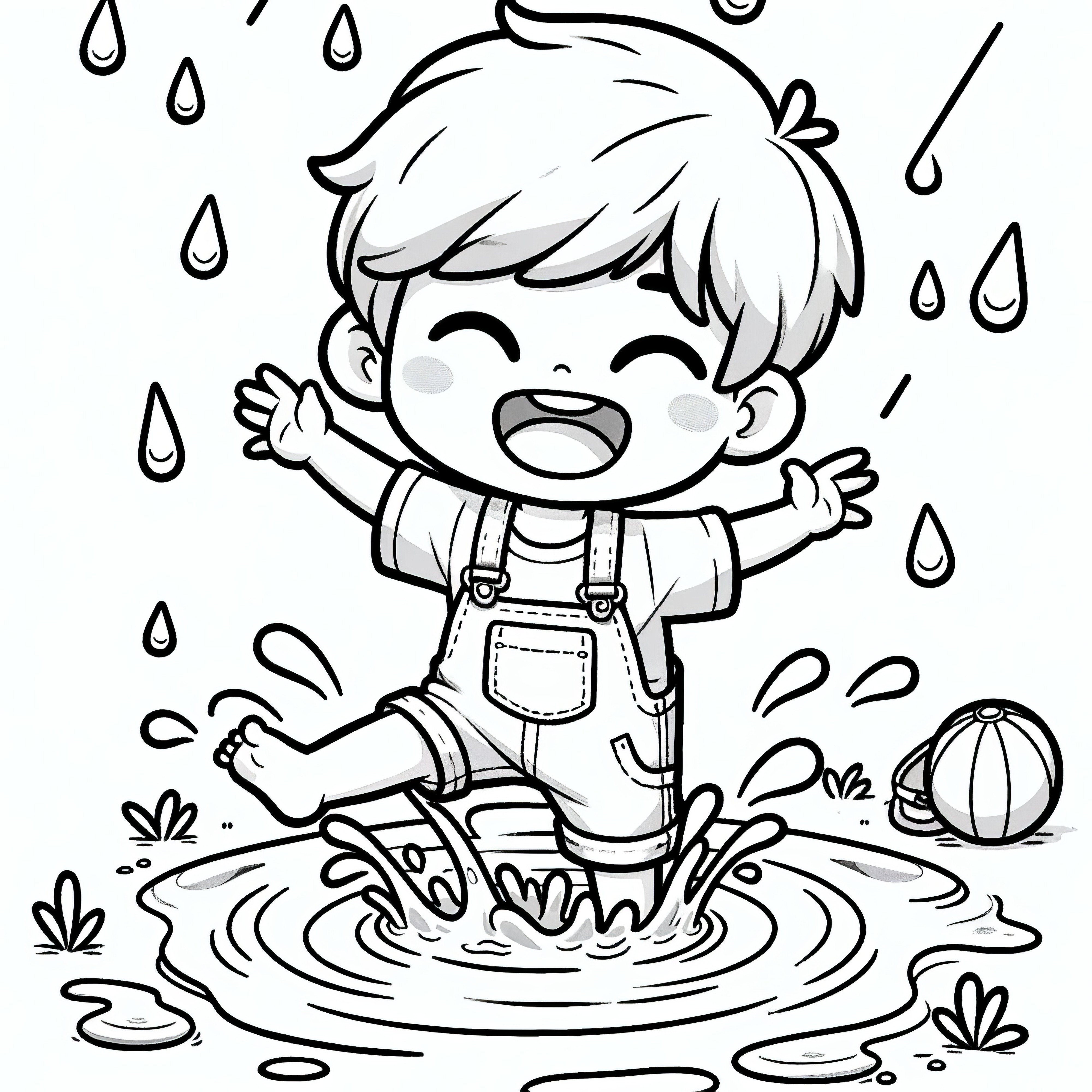 Child splashes happily in puddle: Summer picture to color (Free)