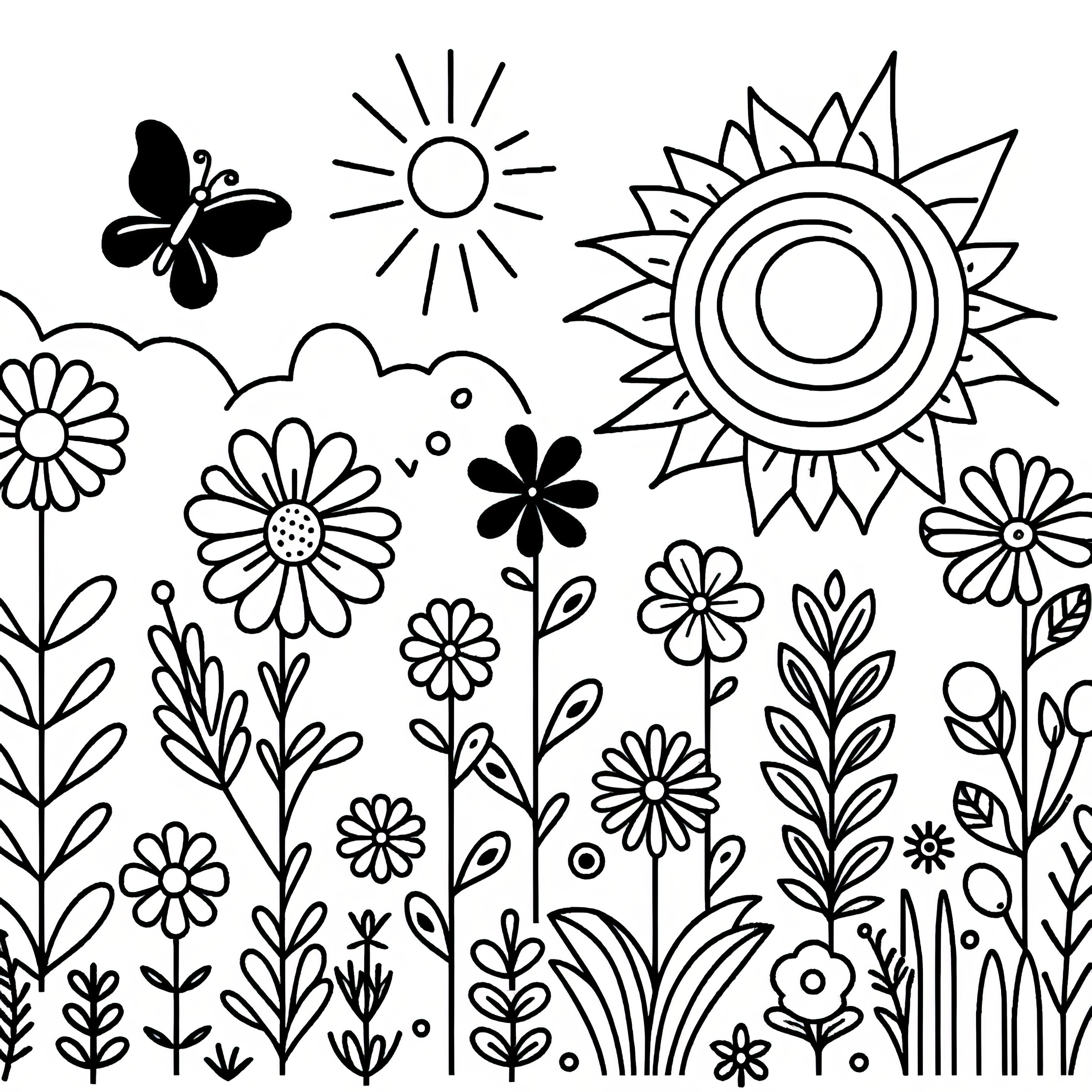 Summer flower meadow with butterfly: coloring page free for download