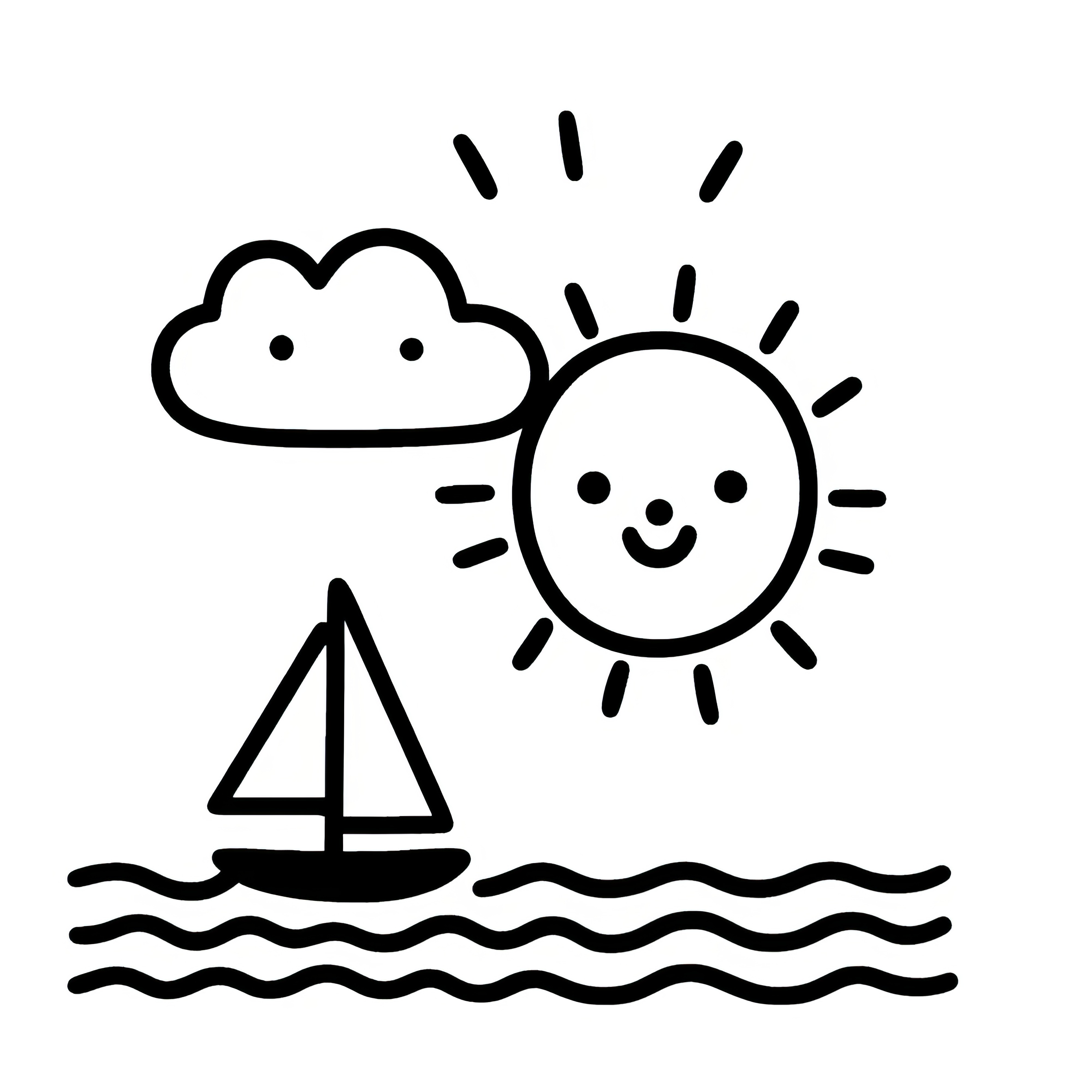 太陽、雲、海：子供向けの簡単な塗り絵（無料）