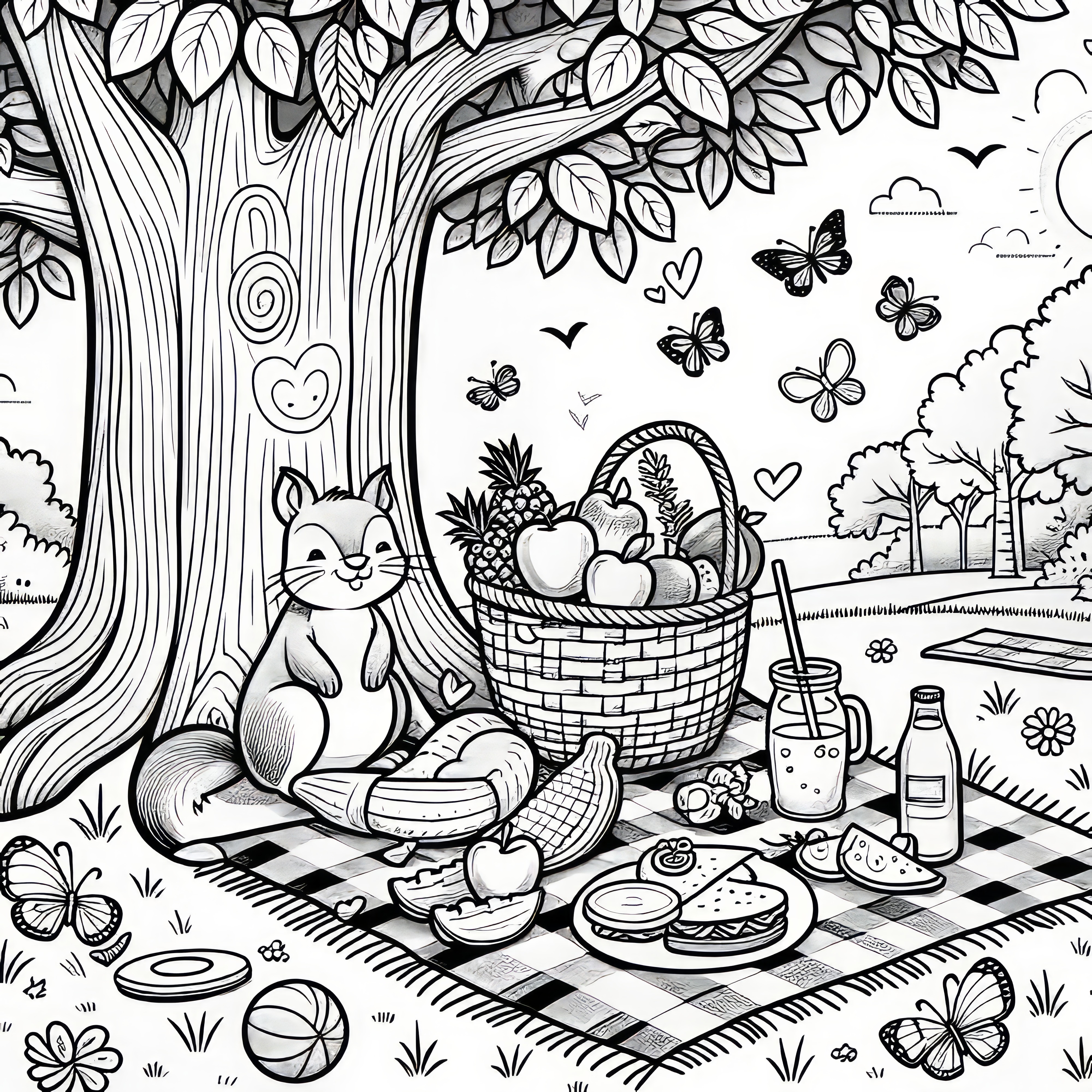 Picnic blanket with basket and squirrel under a tree: coloring page for download (free)