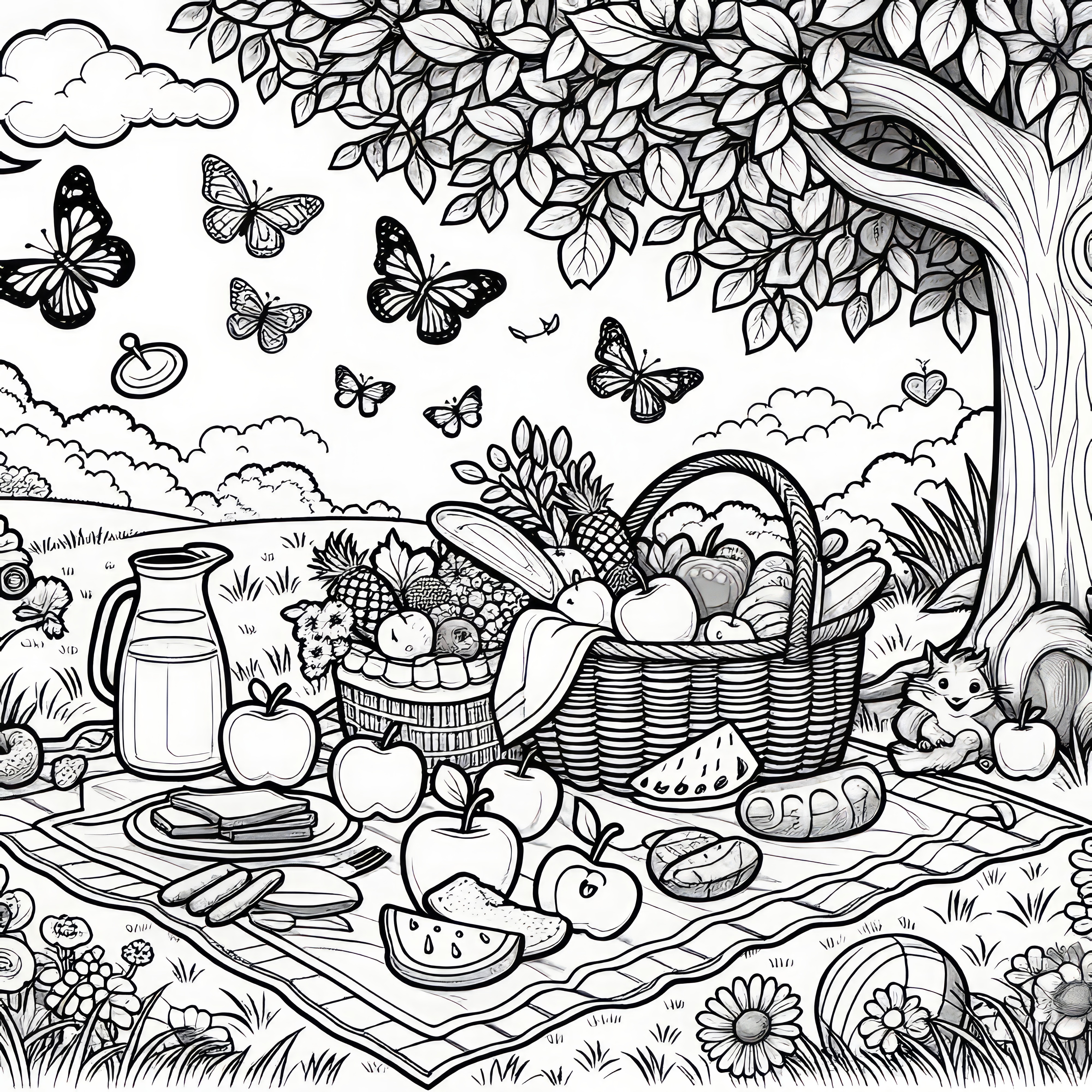 Picnic in the park in summer: Coloring picture for download (free)