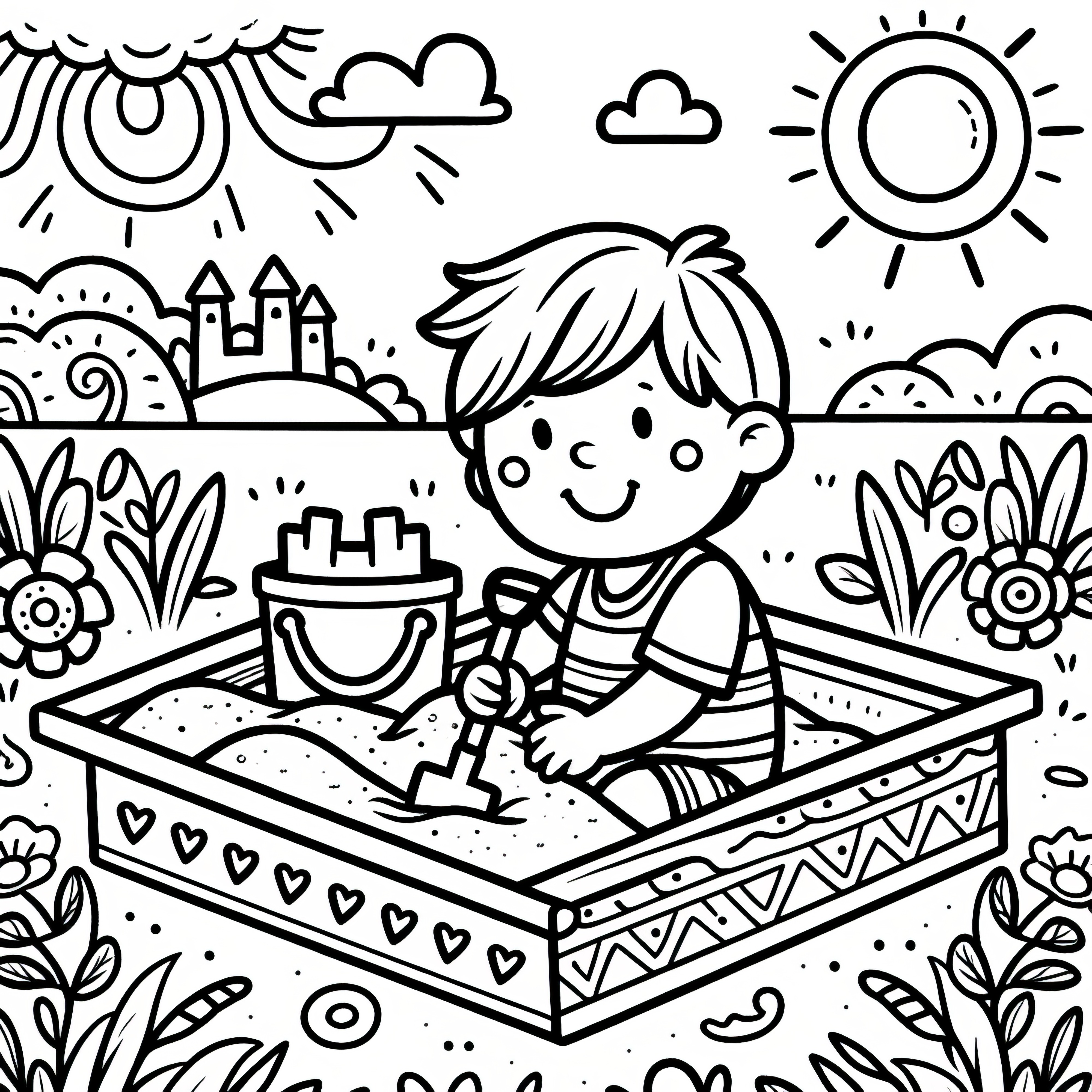 Boy playing in the sandpit at the playground: Coloring picture for download (Free)