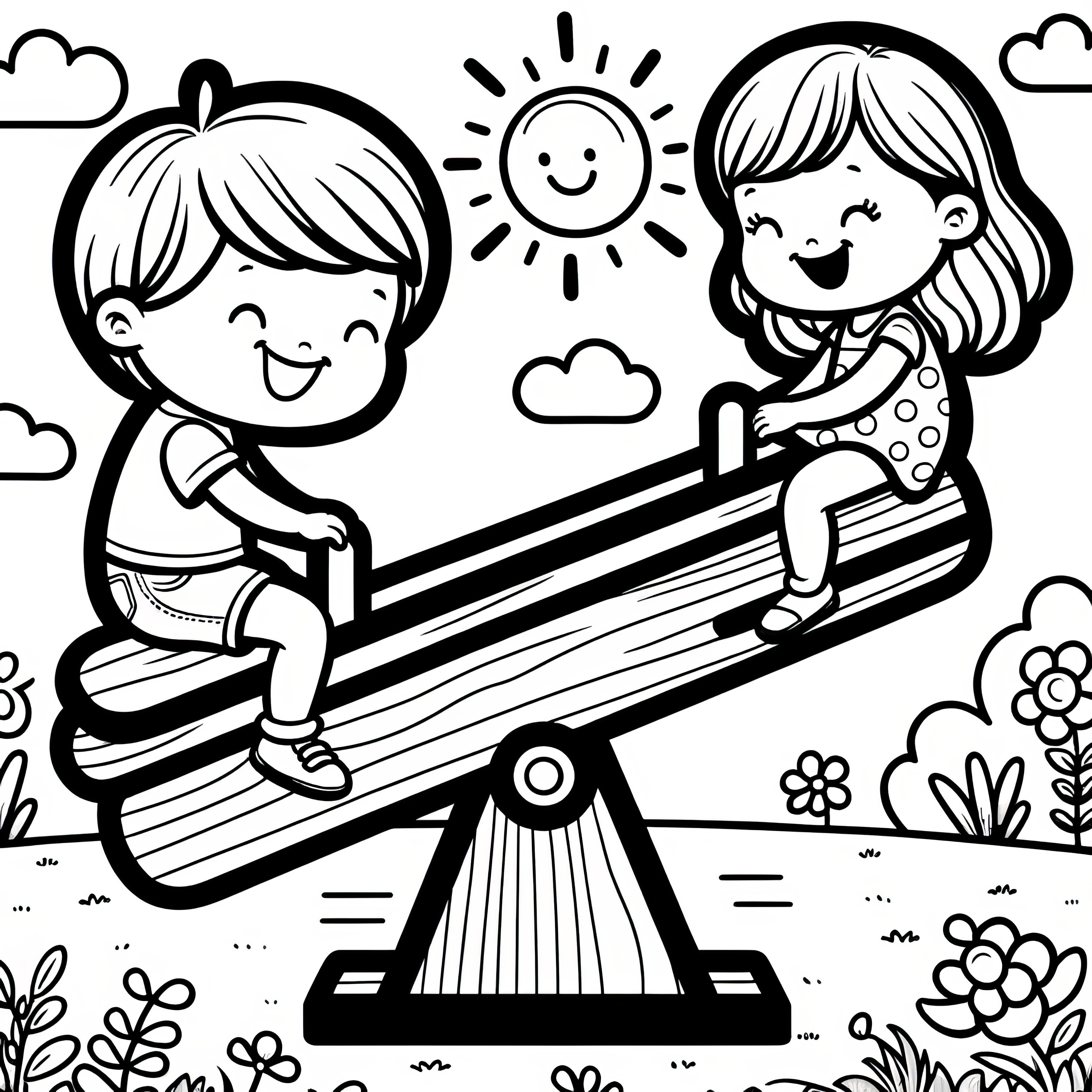 シーソーで笑っている子供たち：ダウンロード用の塗り絵（無料）
