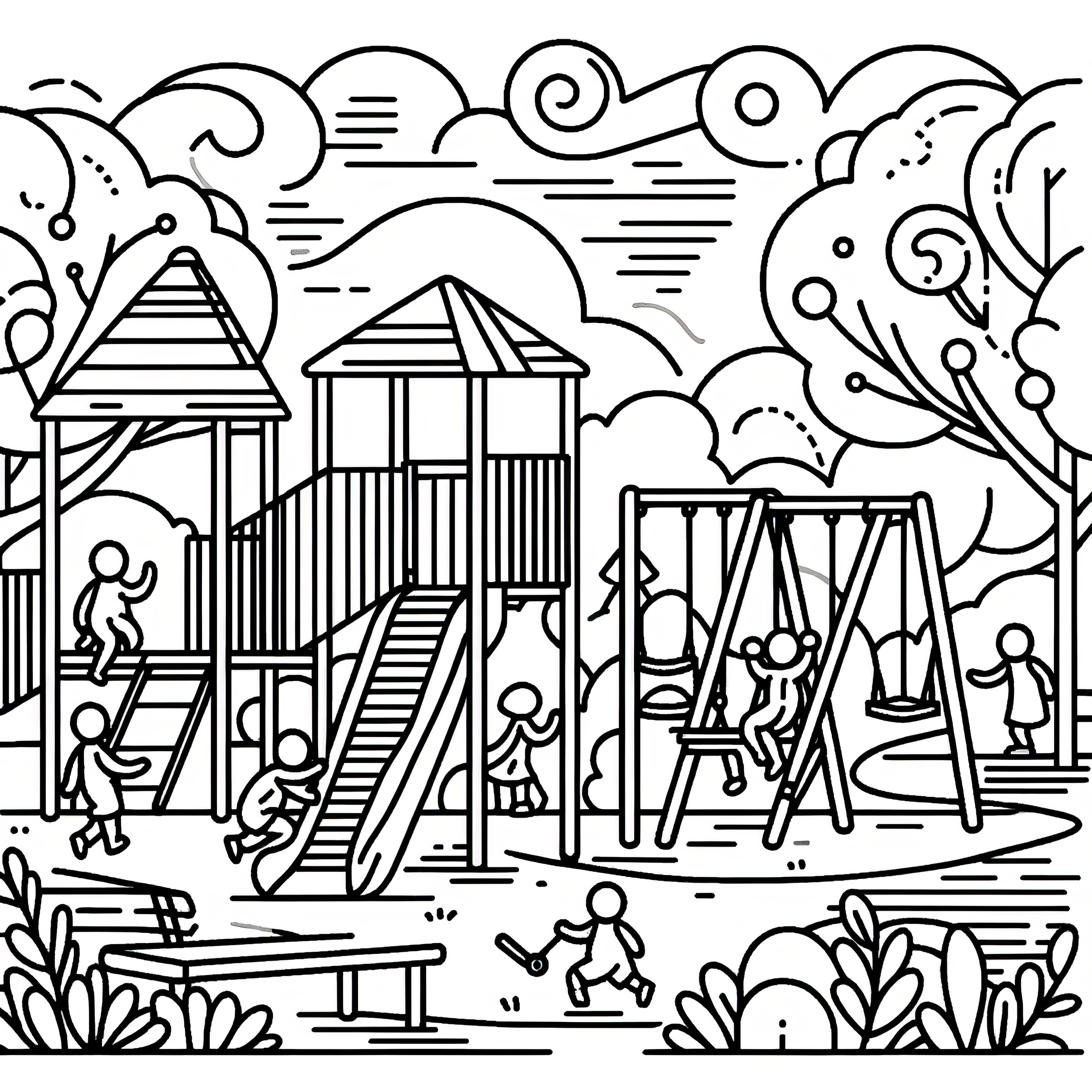 Playground with many children: Simple coloring page for kids (Free)