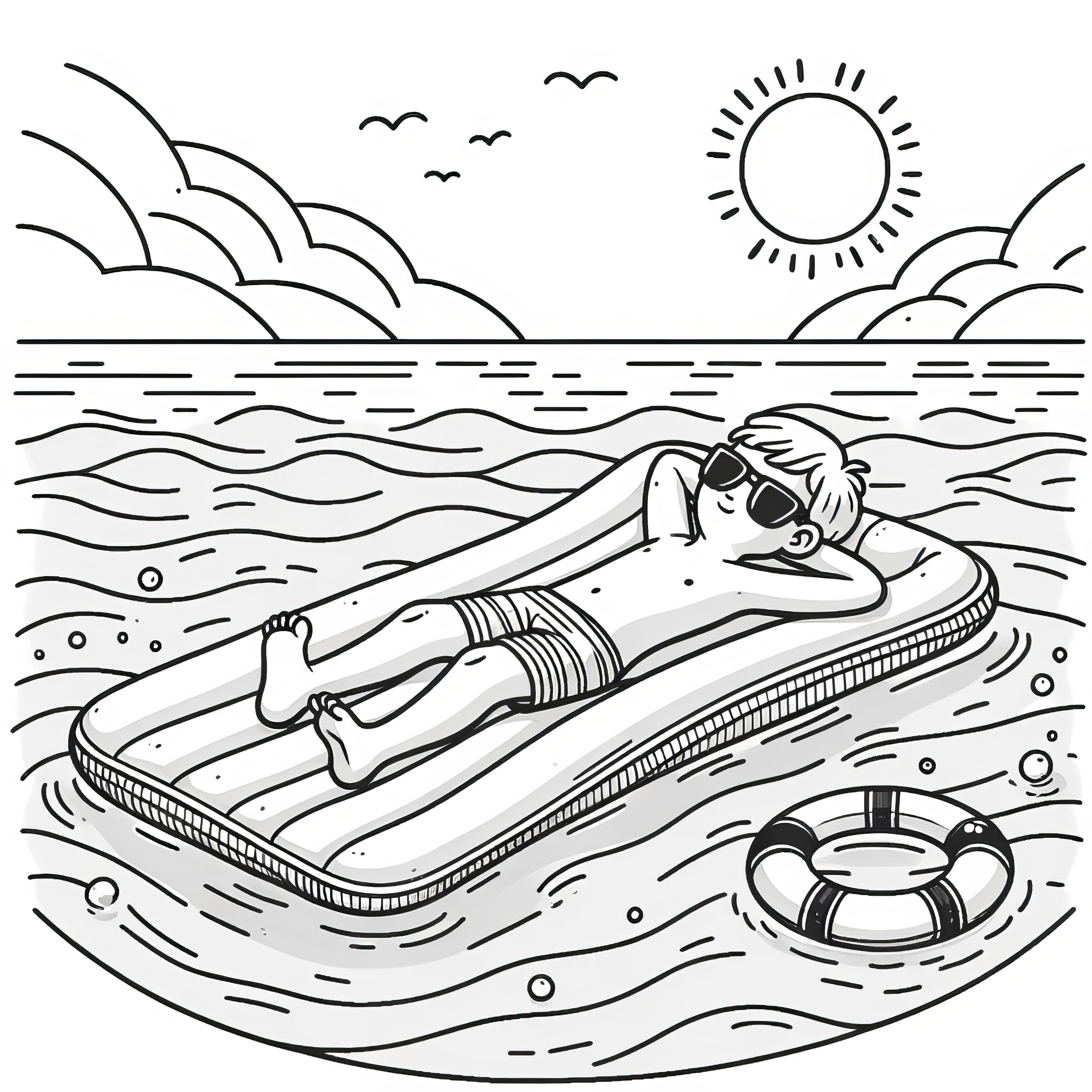 水中の浮き輪の上の少年：ダウンロード用の塗り絵（無料）