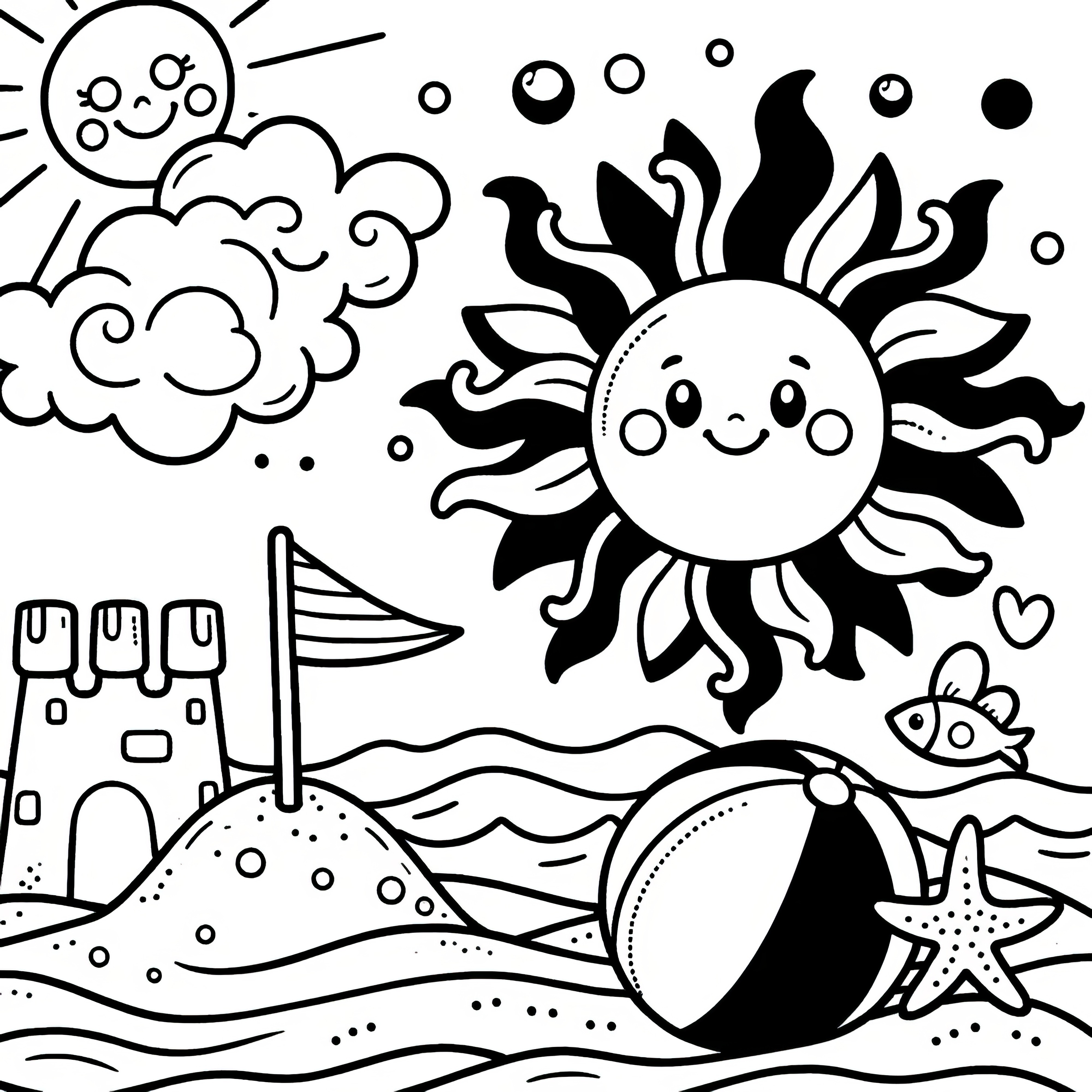 太陽、ビーチ、砂の城、海：子供向けぬり絵（無料）