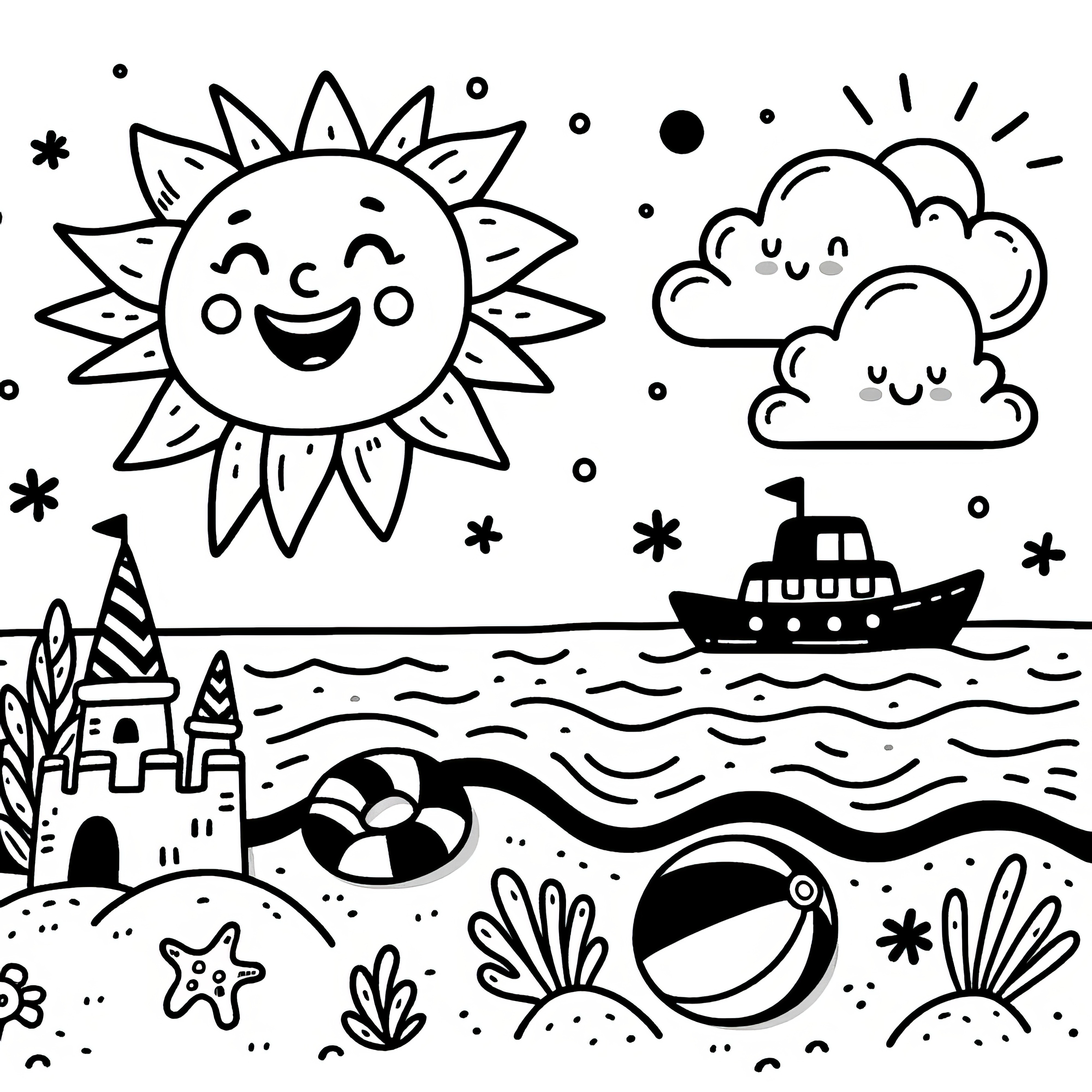 Kolorowanka: Śmiejące się słońce na plaży (Darmowe)