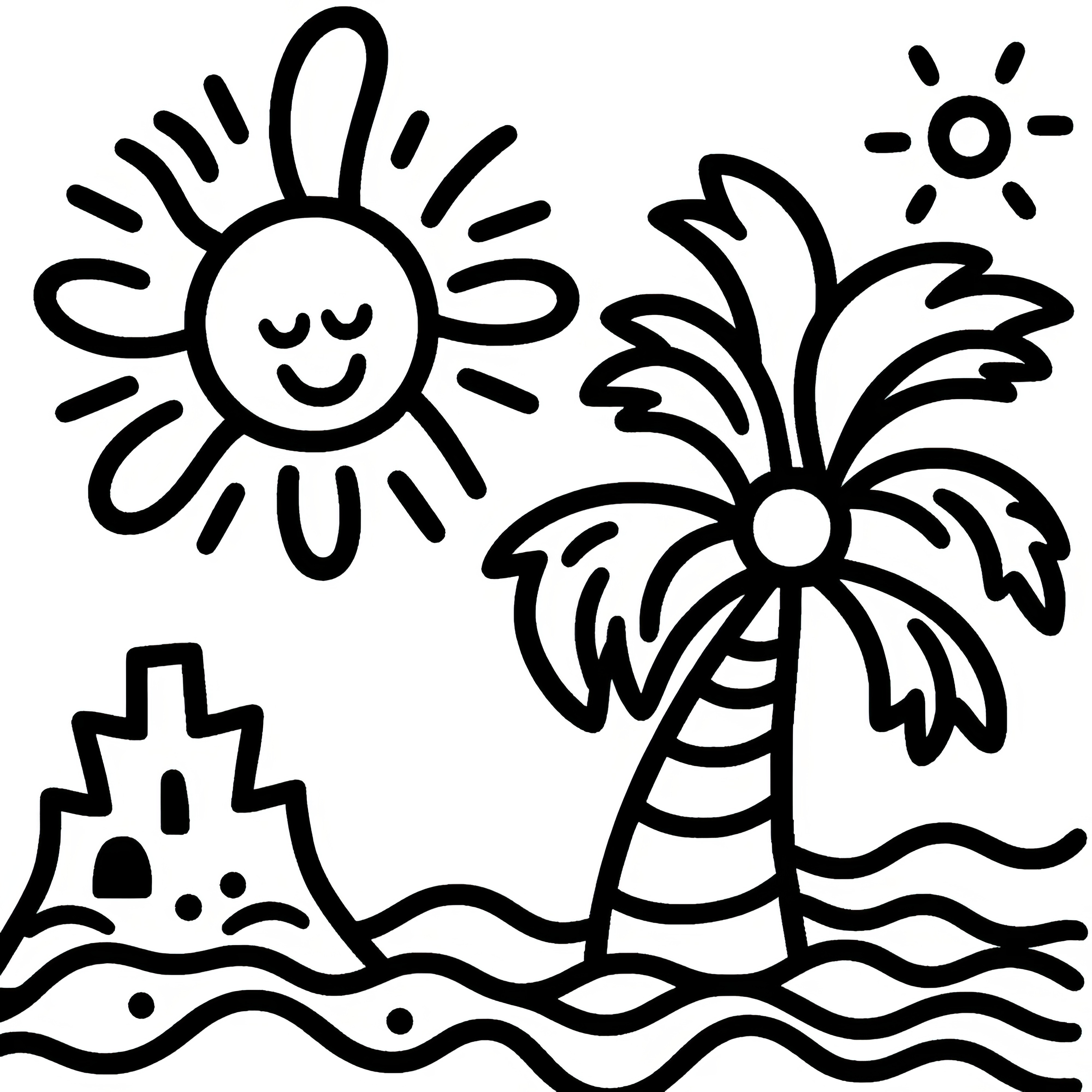 ビーチ、ヤシの木、太陽、砂の城: 無料でダウンロード可能な簡単な塗り絵ページ