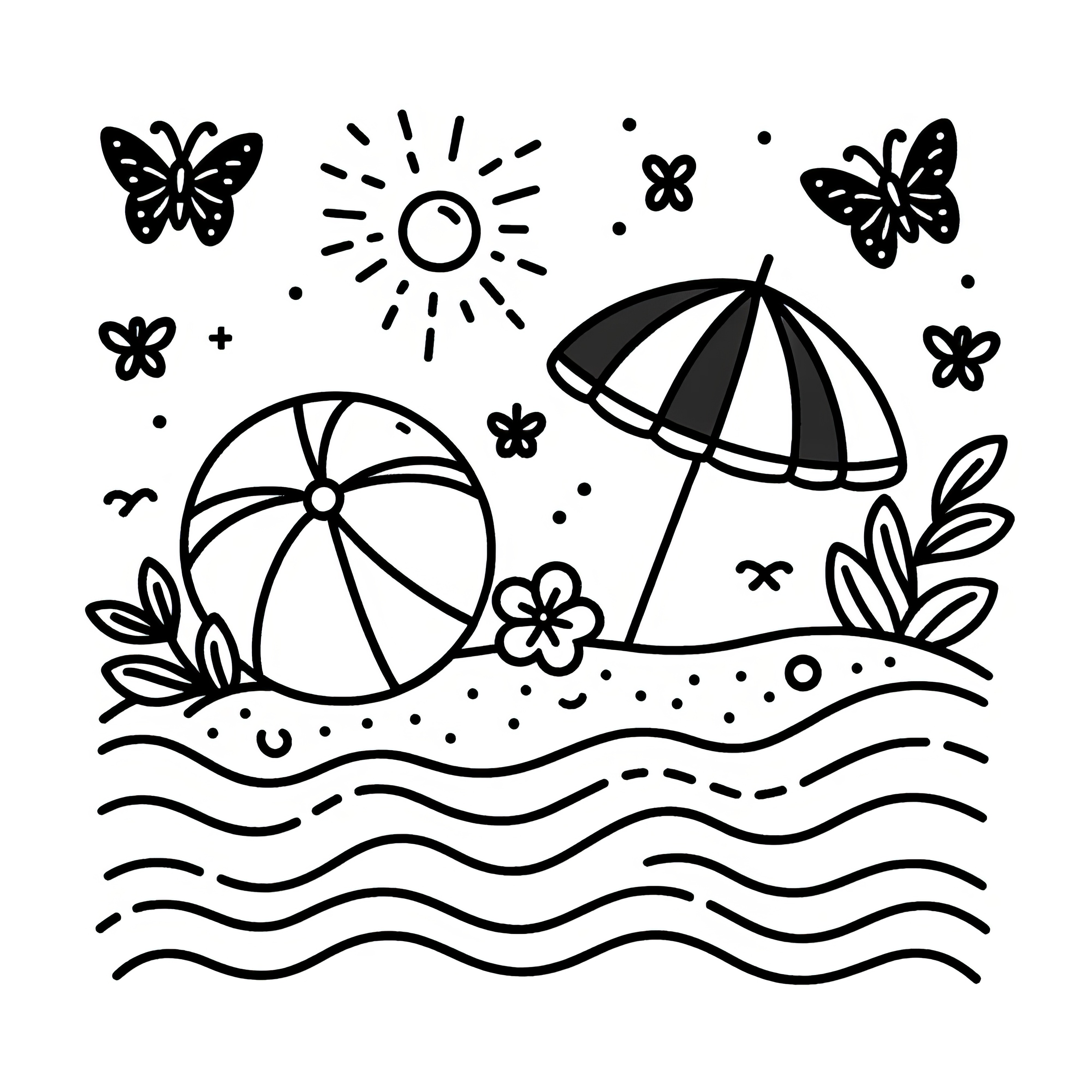 Beach, water polo, and butterflies: Simple coloring page for download (Free)