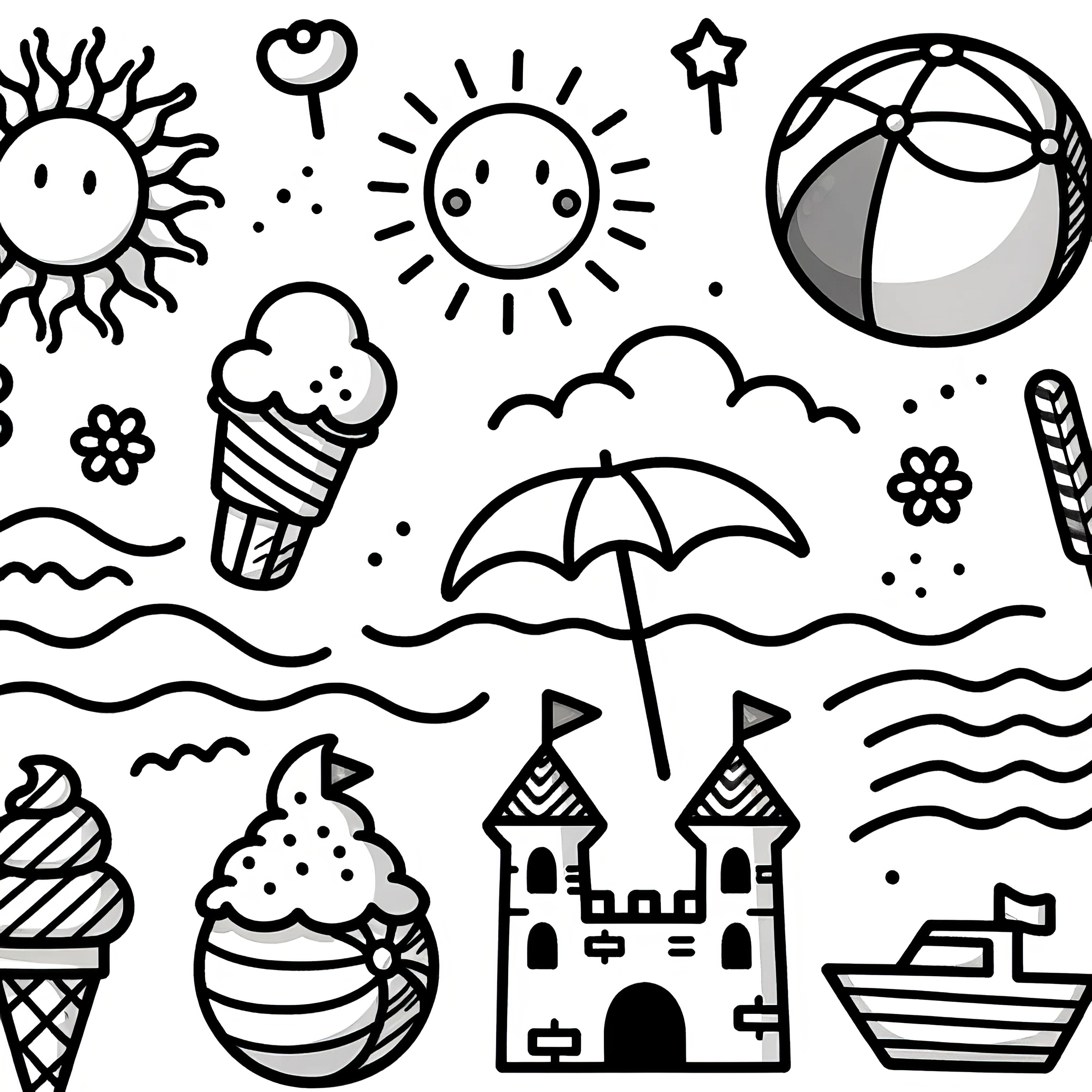 Beach motifs with ice cream, sun, beach ball, sandcastle: Simple coloring template (Free)