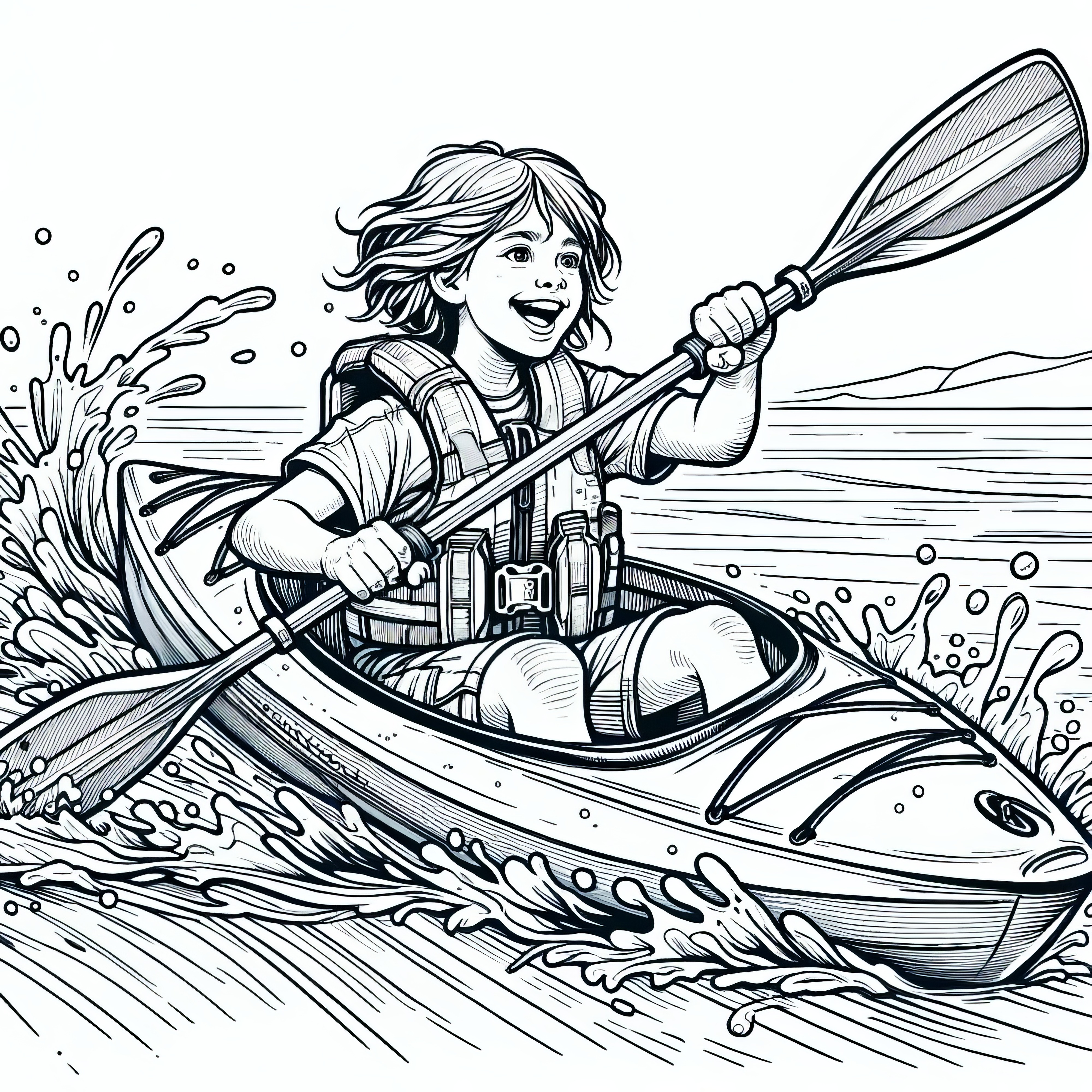 Canoeing su un fiume in piena: disegno da colorare avventuroso (Gratis)