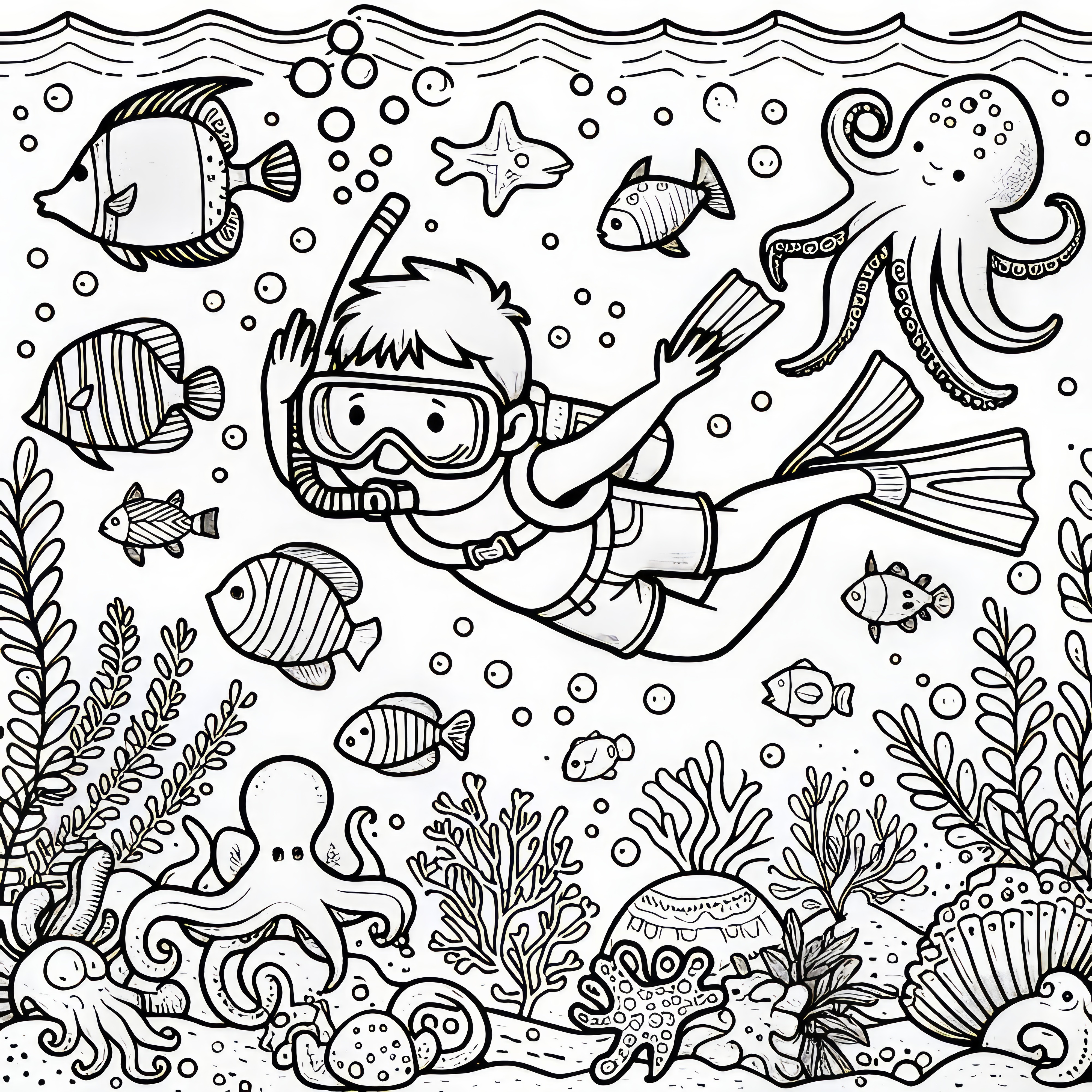 水中で楽しく潜る：ダウンロード用のぬり絵（無料）
