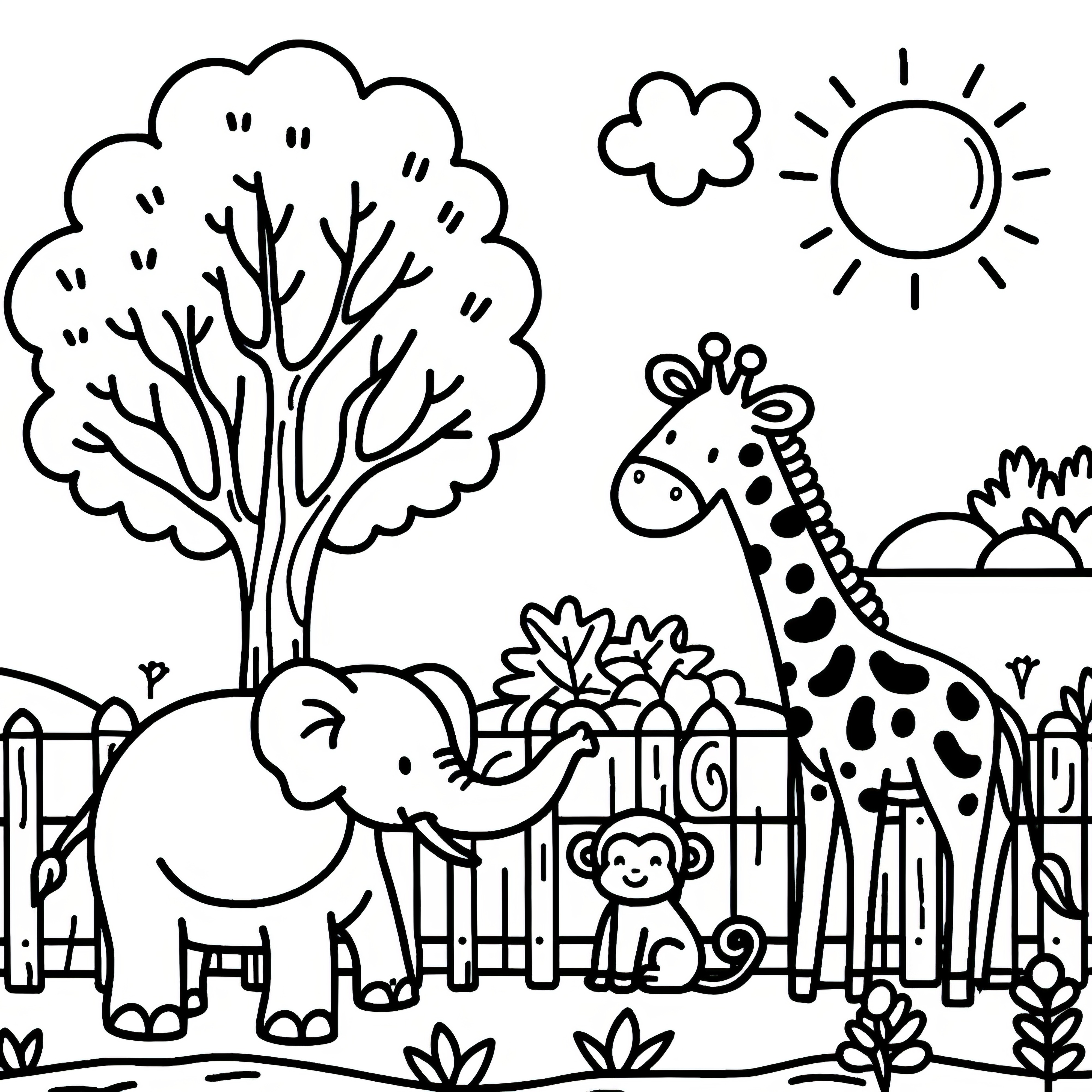 象、猿、キリンが動物園にいます。ダウンロード用の塗り絵（無料）。
