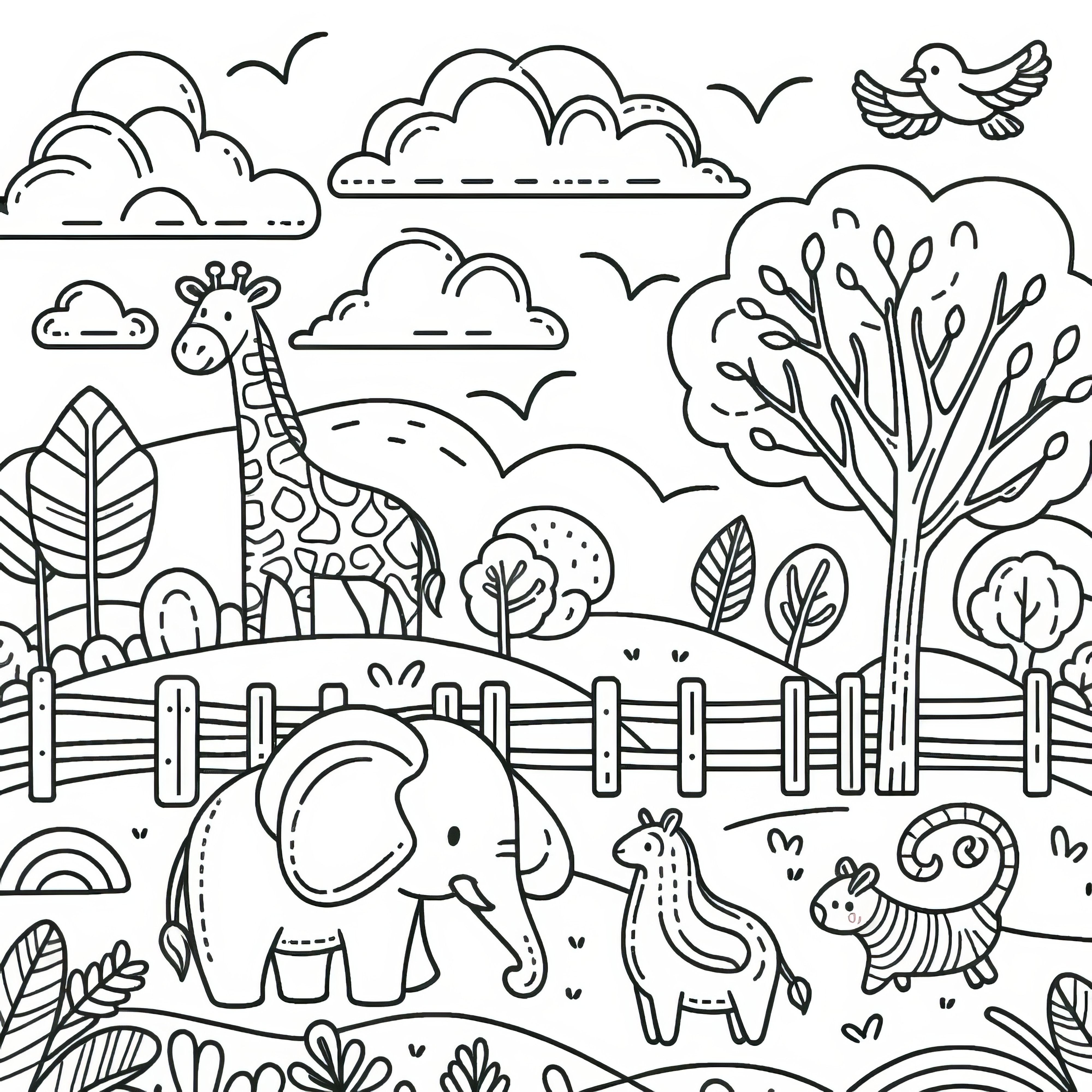 Cute animals at the zoo: Elephant and giraffe for coloring (Free)