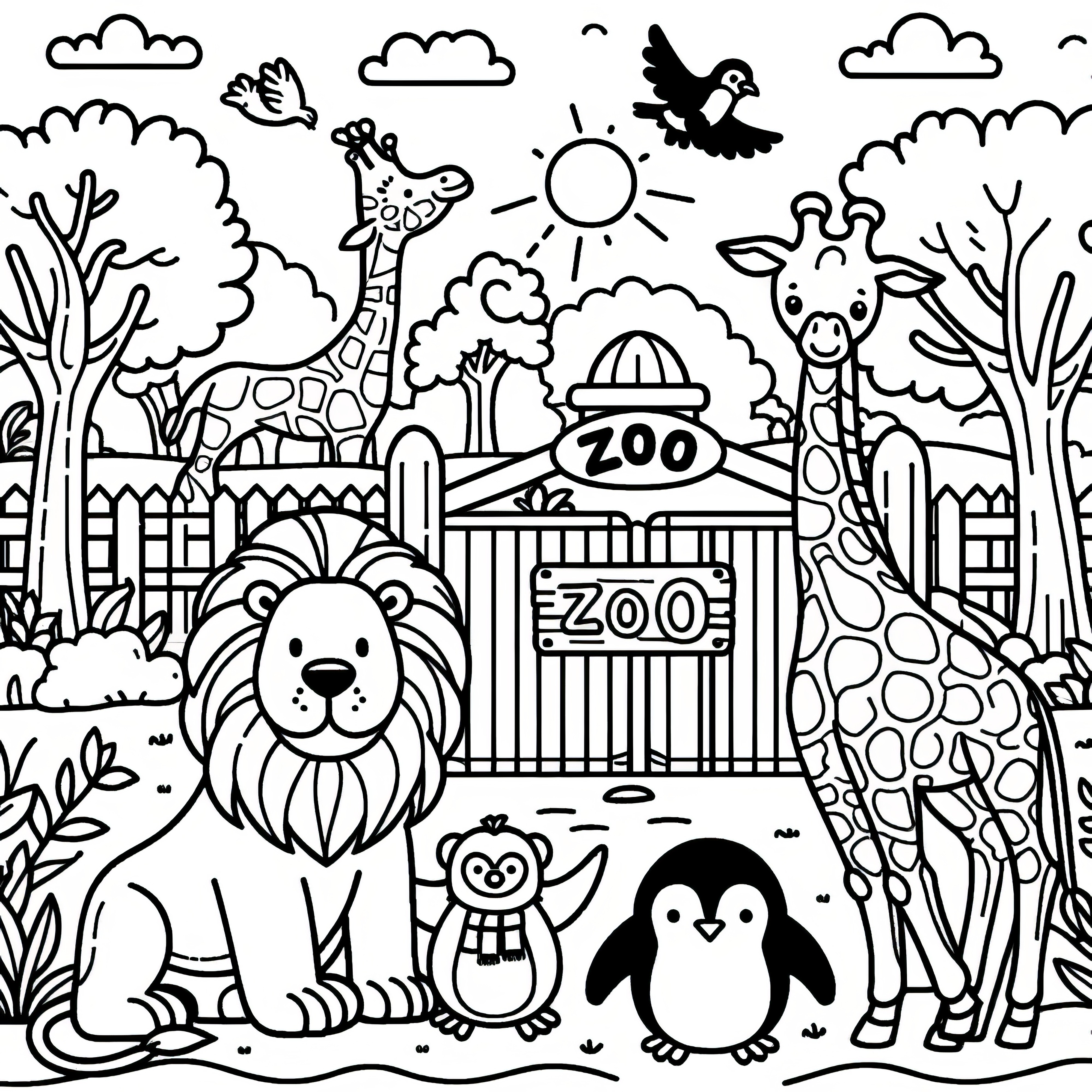 Lvi, žirafy a tučňák v zoo: Roztomilý obrázek k vybarvení ke stažení (zdarma)