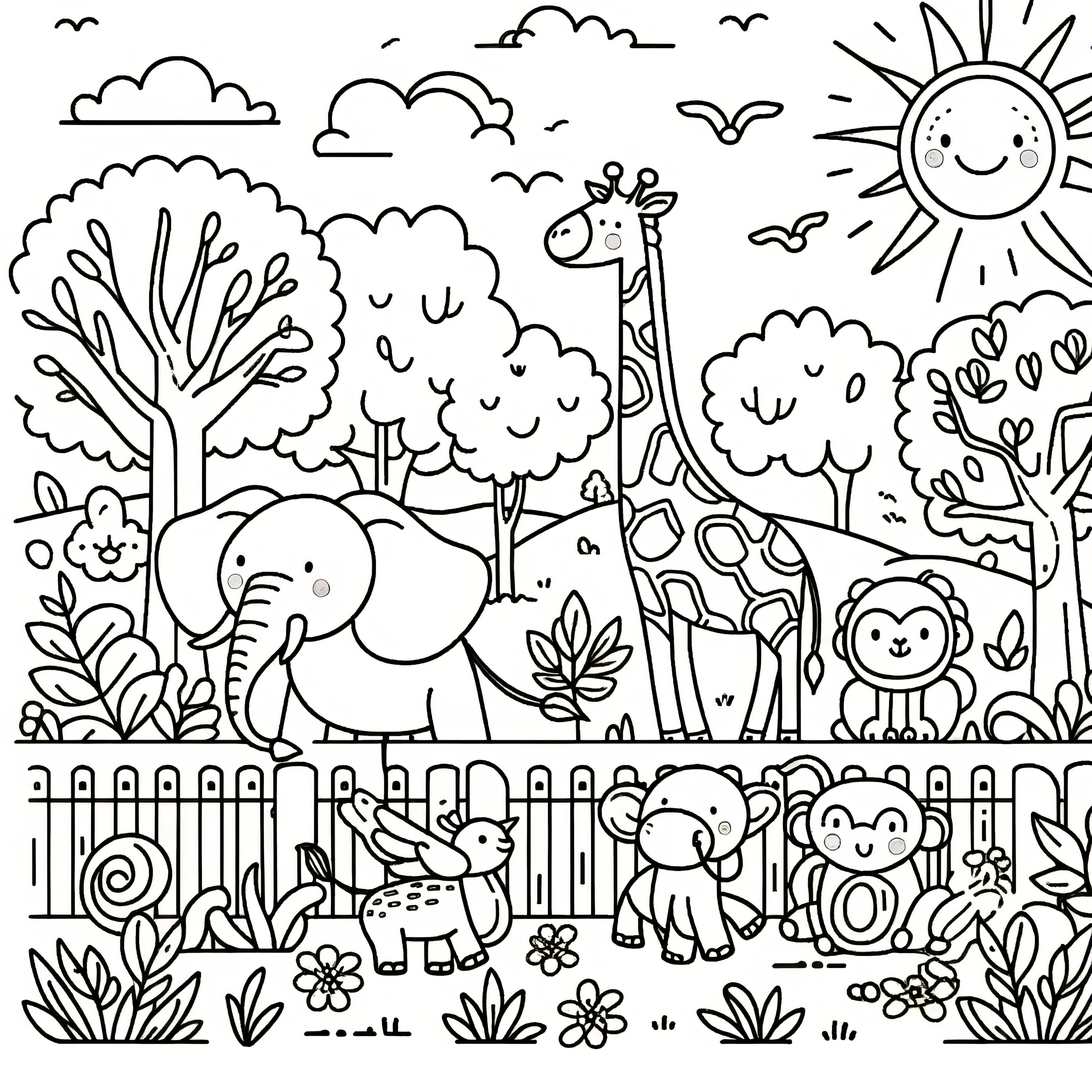 晴れた日に動物園で楽しい動物たち: 描き絵の無料ダウンロード