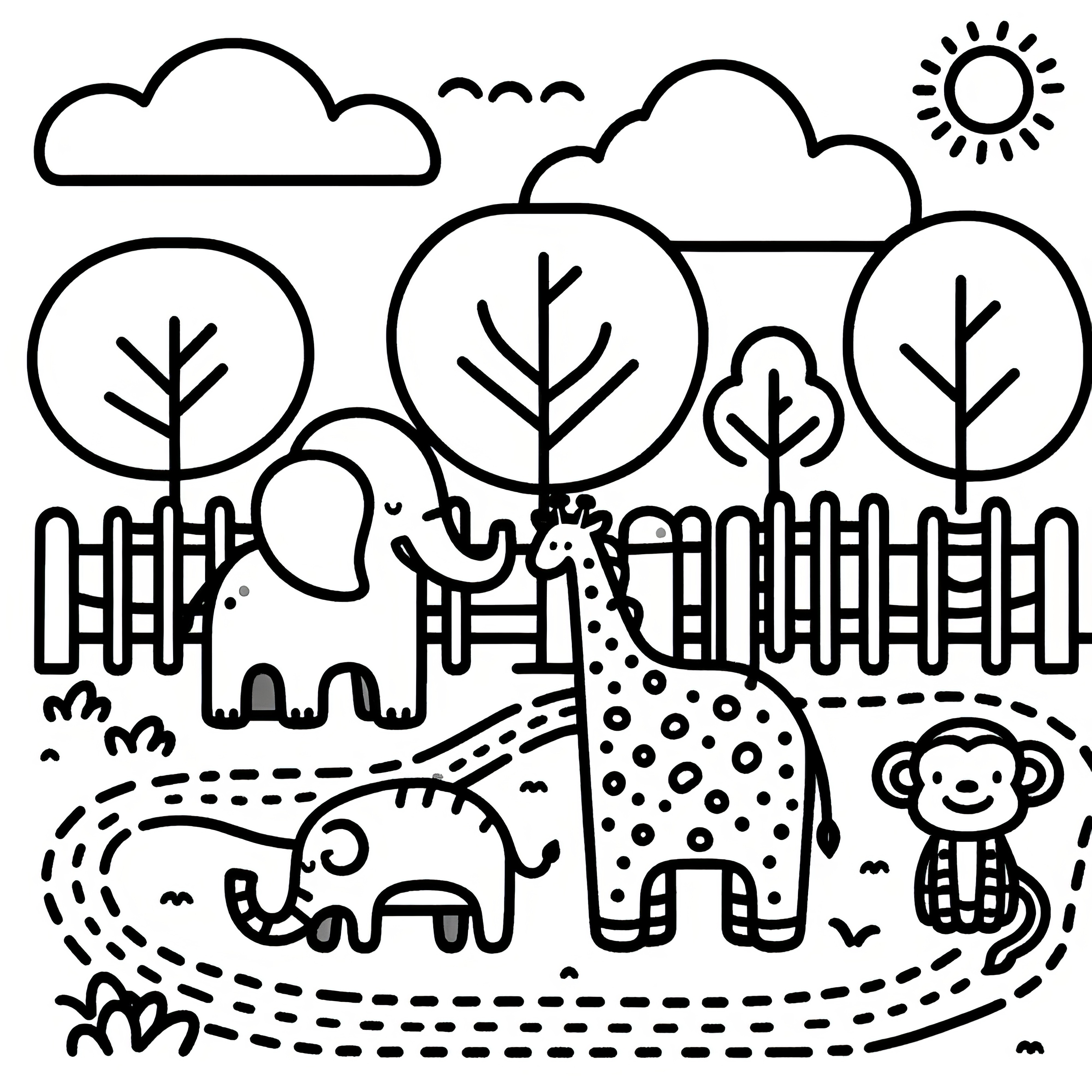 面白い動物たち動物園: 子供向けの簡単なぬり絵（無料）
