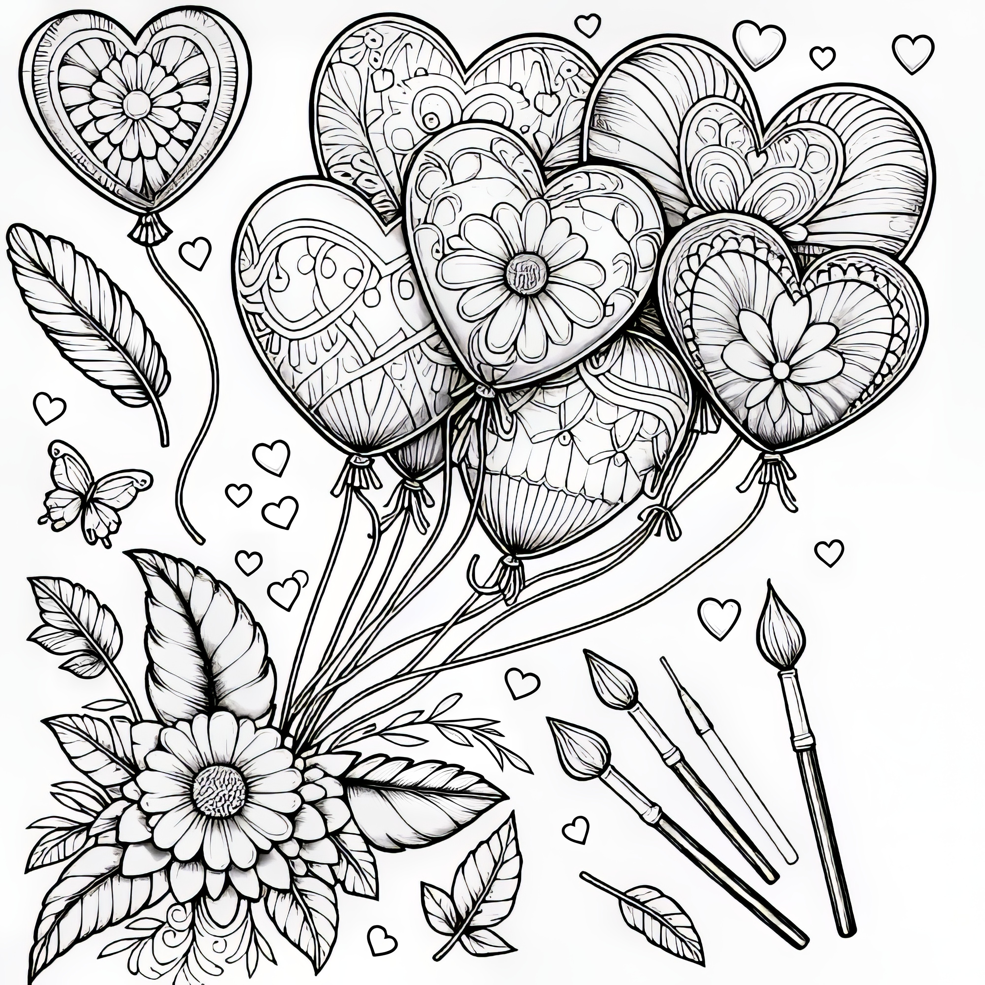 Floating heart-shaped balloons for Valentine's Day: Coloring picture available for free download