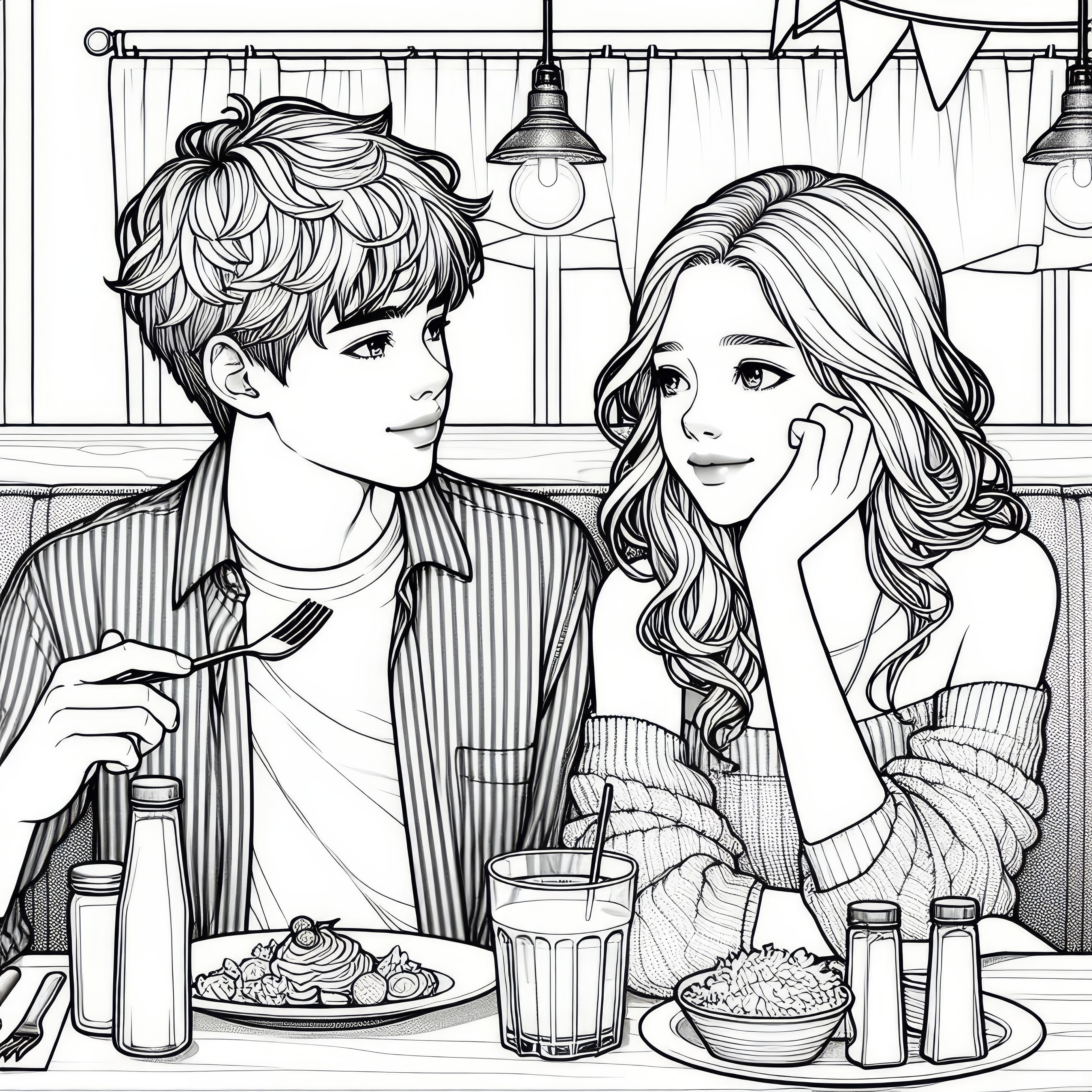 레스토랑 안에서 테이블에 앉아있는 커플: 발렌타인데이 컬러링 시트 (무료)