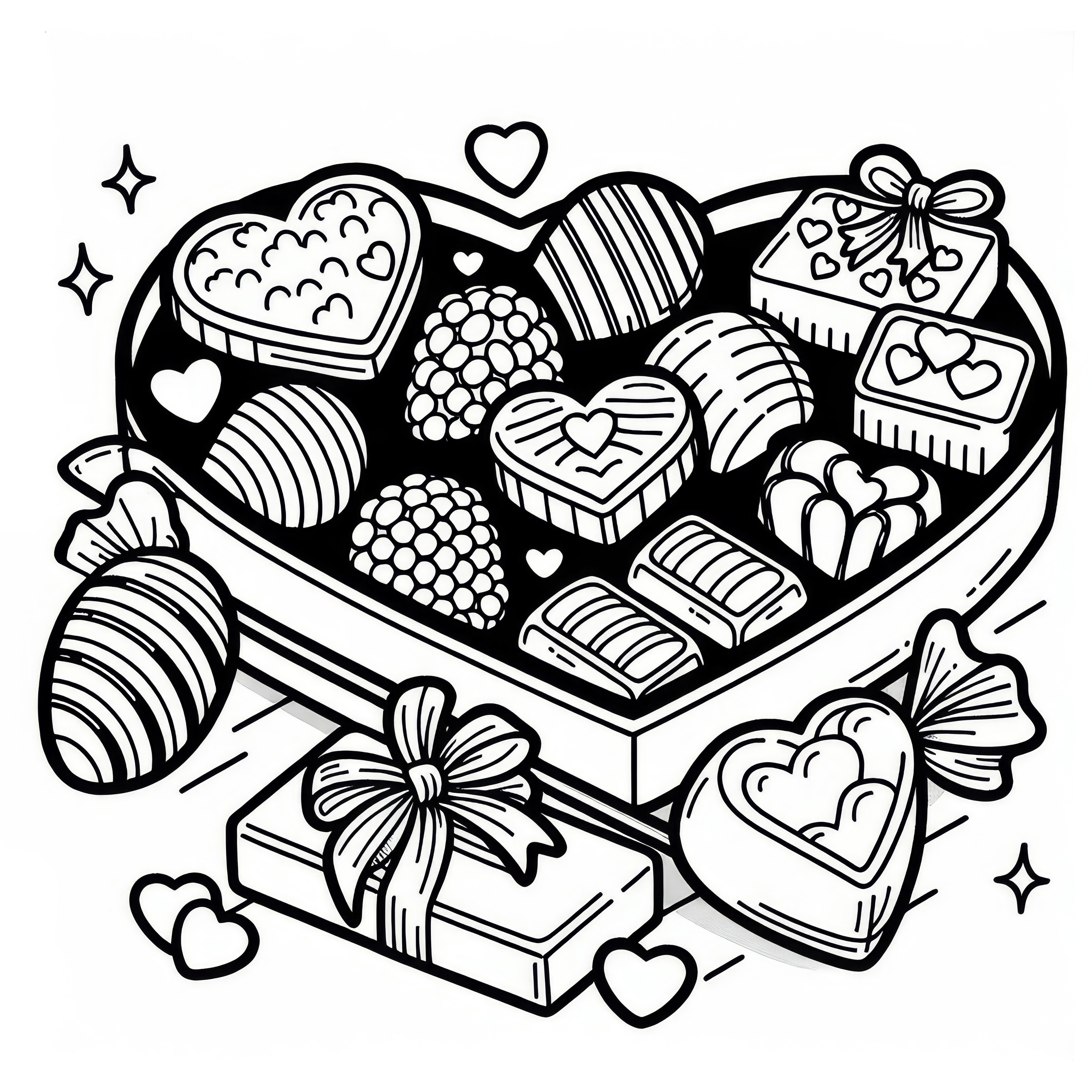 Chocolates in heart-shaped box: Simple coloring picture for Valentine's Day (Free)
