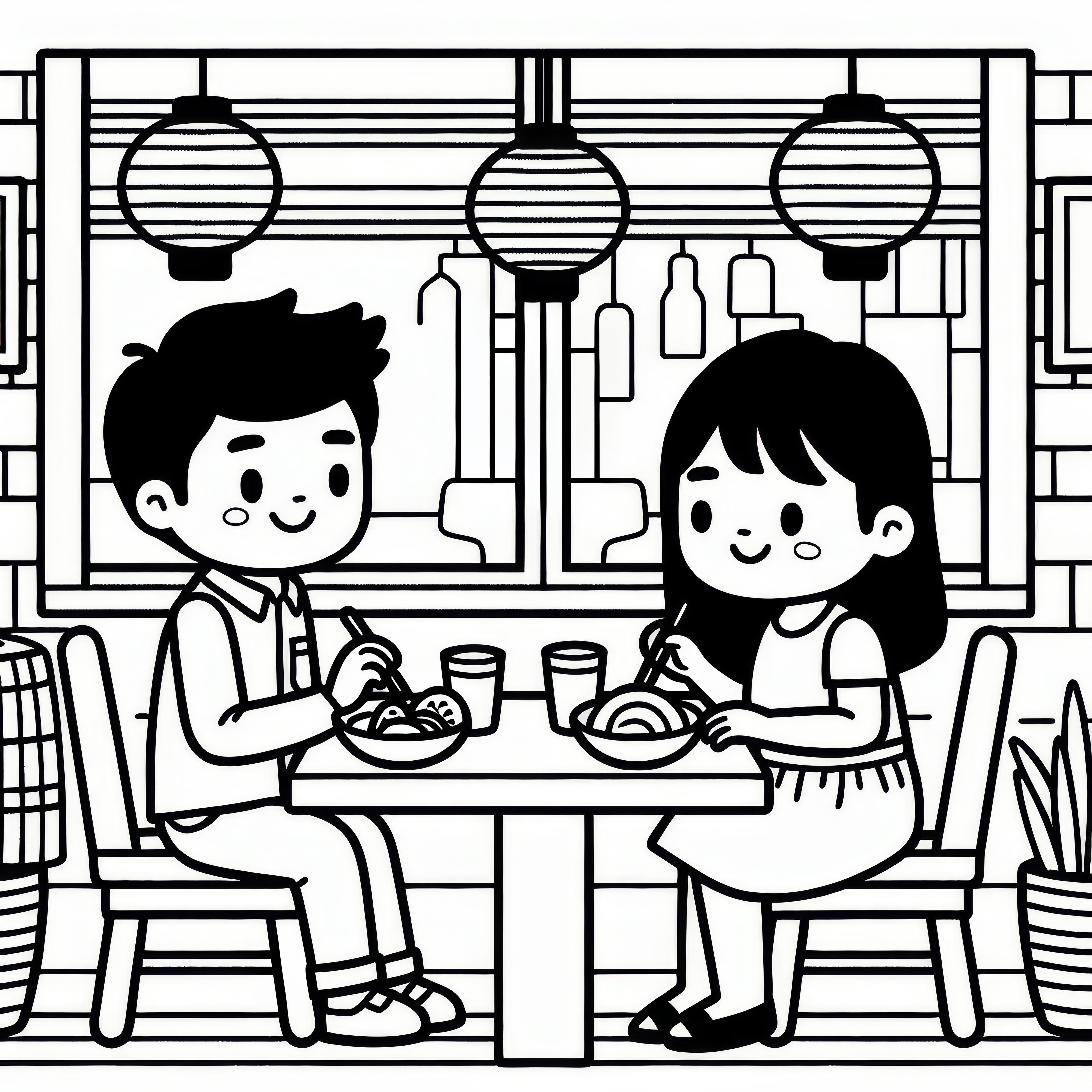 발렌타인 데이 레스토랑에서 귀여운 커플: 무료 다운로드 가능한 쉬운 색칠 화면