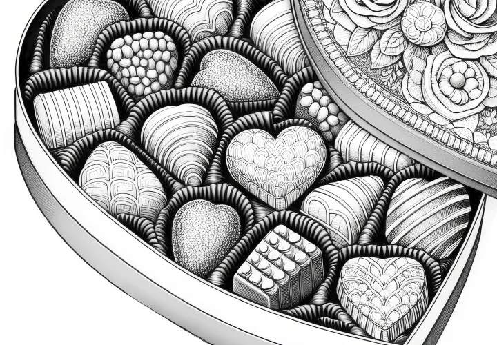 Részletes csokoládék szív alakú dobozban: színező a Valentin-napra (Ingyenes)