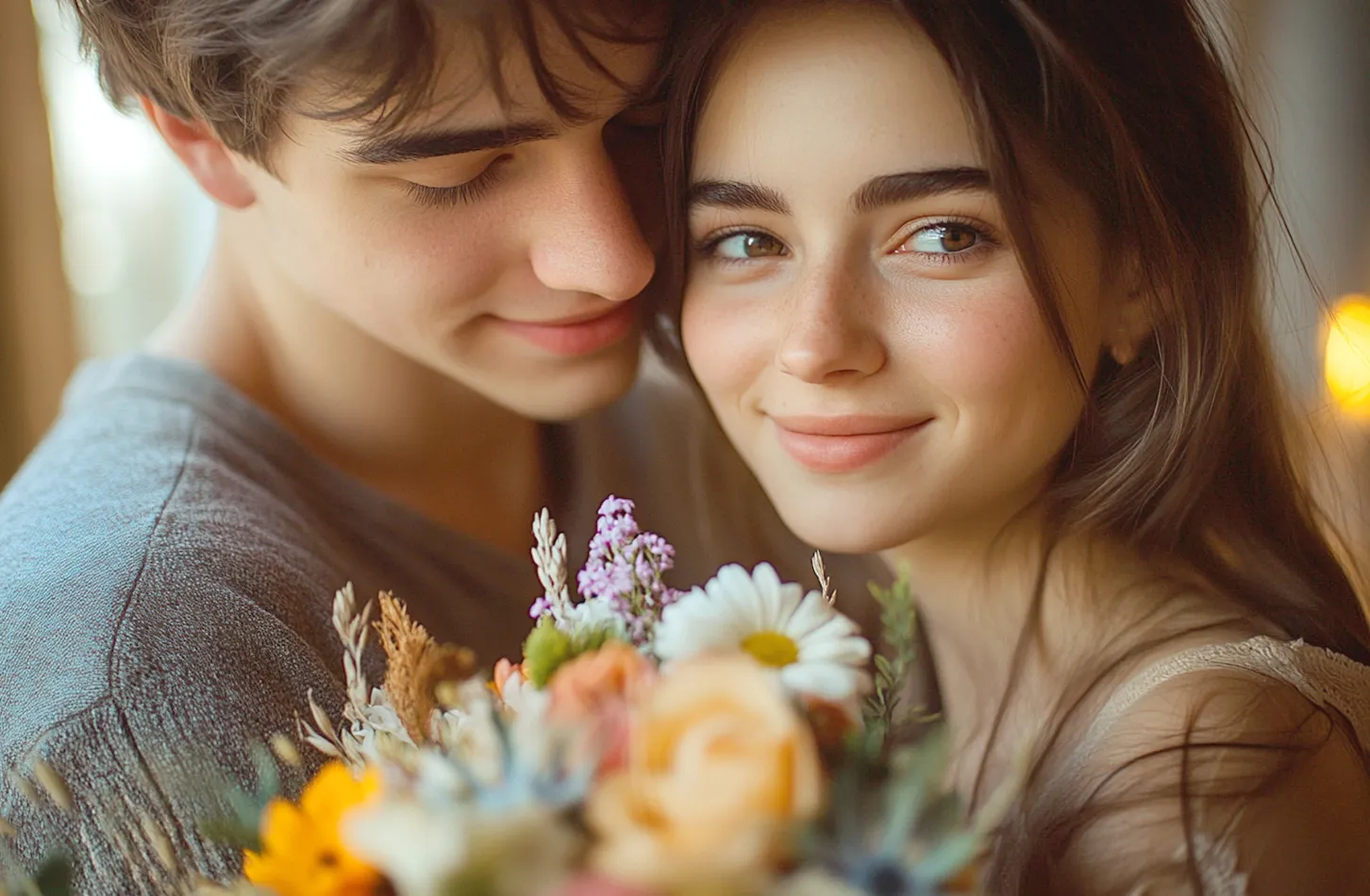 사랑하는 사람을 위한 진정한 여성의 날의 소원들: 연인들 사이의 부드러운 순간, 황금빛 빛이 둘러싸는 건방진 순간을 의미합니다. 연한 파스텔톤의 꽃다발은 깊은 현상을 상징합니다