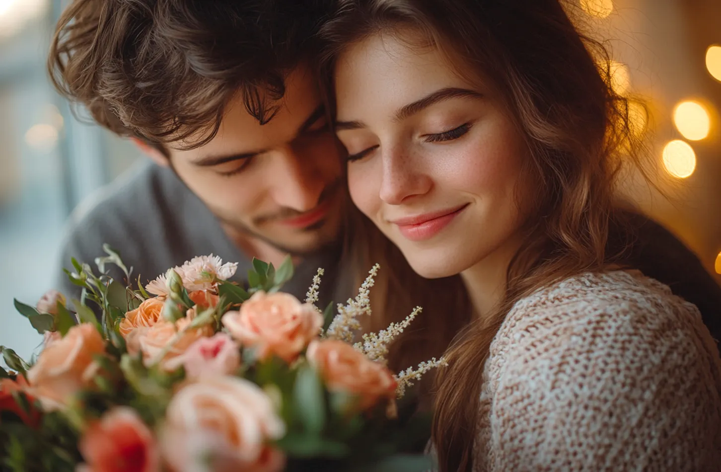 Pour la journée internationale de la femme, pour la femme de mon cœur : Contact visuel intime entre deux amoureux avec un bouquet de fleurs des champs parfumées. Chaleur et proximité émotionnelle, faisant de la Journée internationale de la femme un