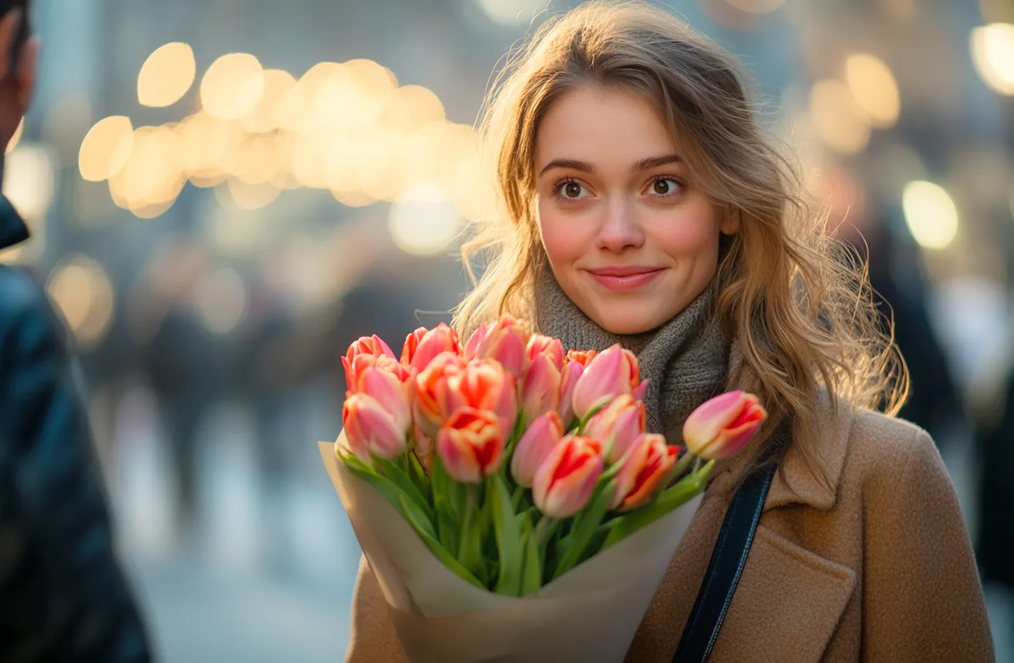 Hjertelige Kvinnedagsønsker til min beste venninne: En glad ung kvinne med et strålende smil og en rik tulipanbukett nyter vårstarten. En gest av kjærlighet og Ver