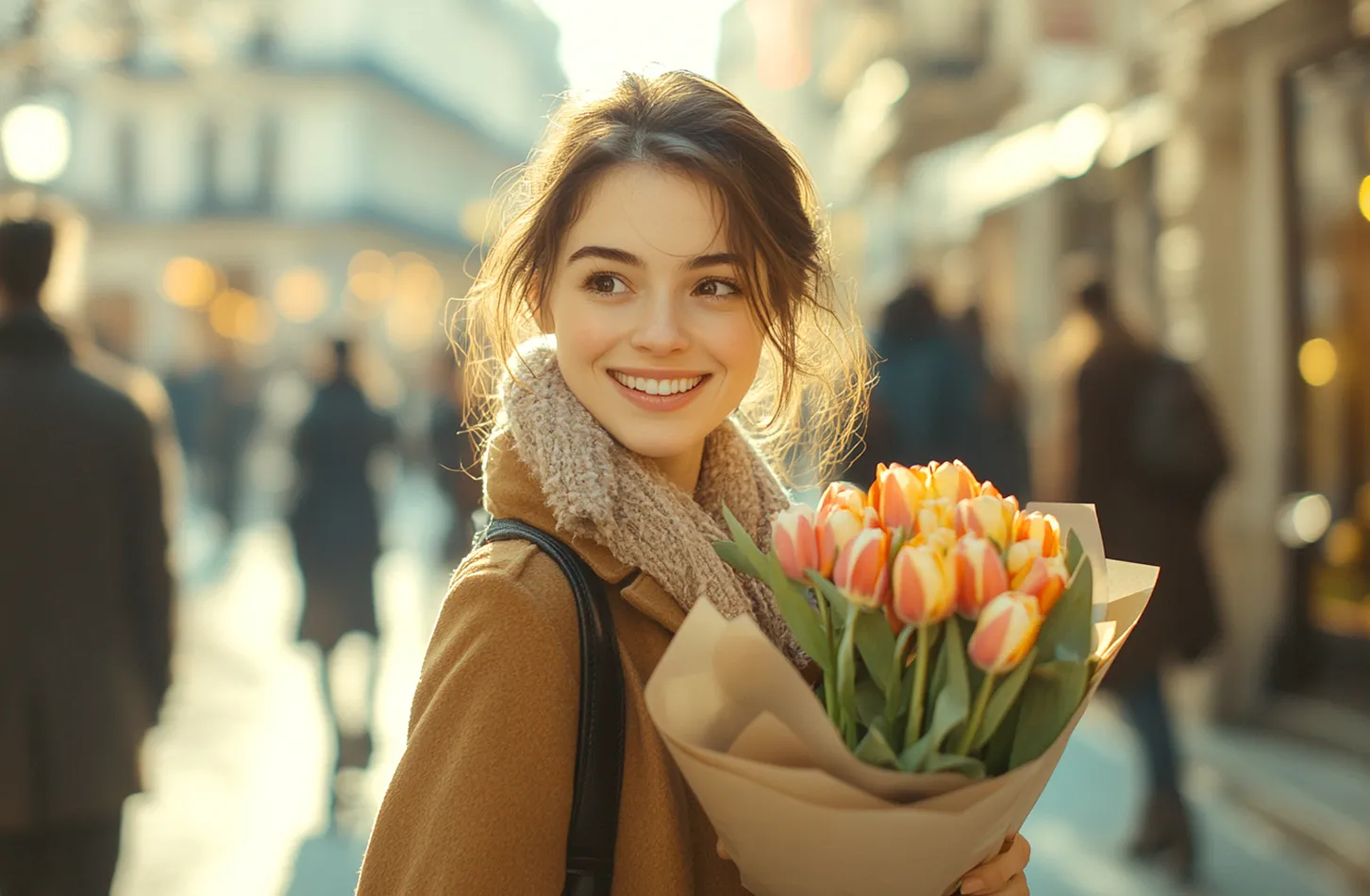 Hjertelig gratulasjon til kvinnedagen for min venninne: Skjør skjønnhet med et mildt smil og en bukett rosa-røde tulipaner i byskumringen. Et symbol på verdsettelse mellom fr