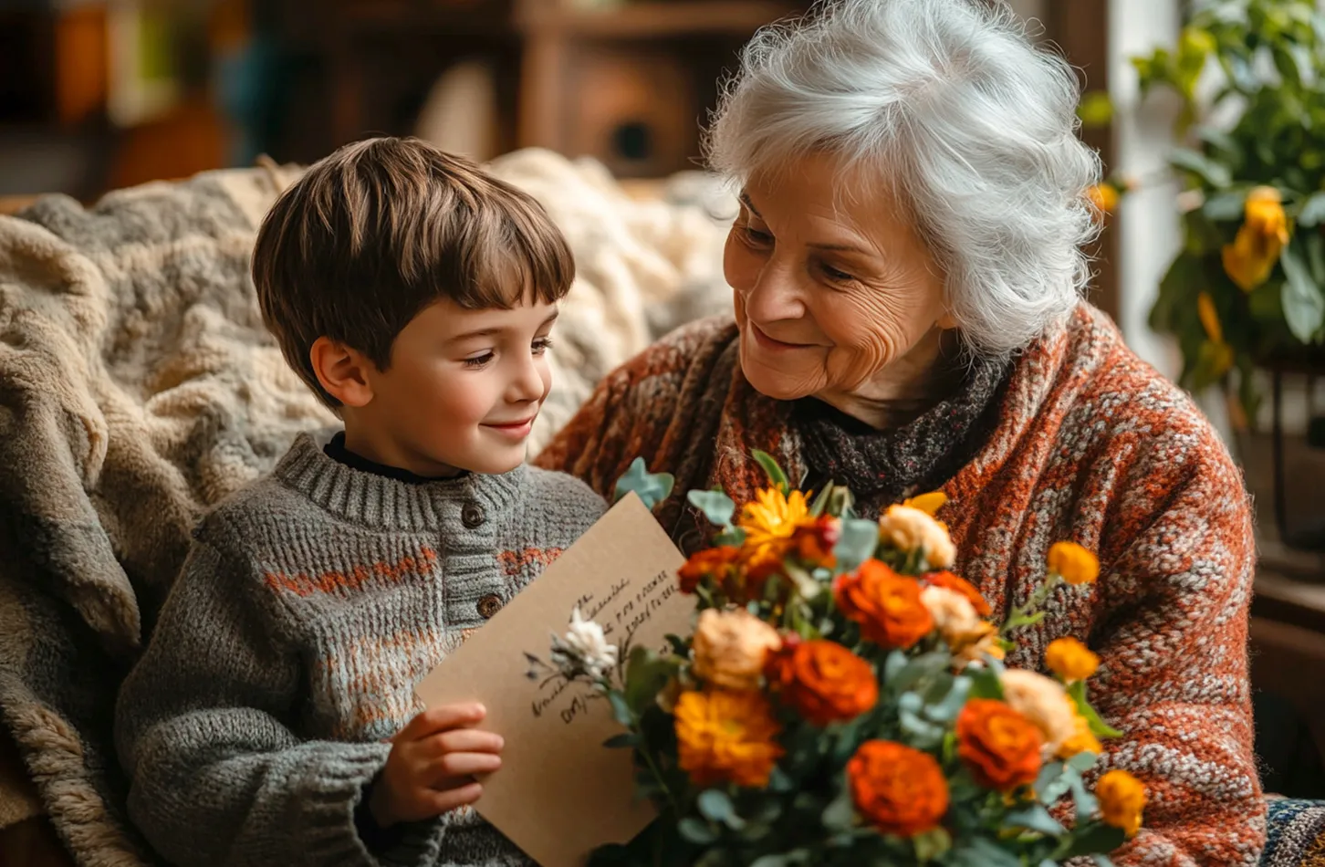 Glückliche Großmutter mit Enkel und einem Strauß orangefarbener Blumen. Aufrichtige Lächeln, herzliche Momente und Familienbande zum Frauentag.