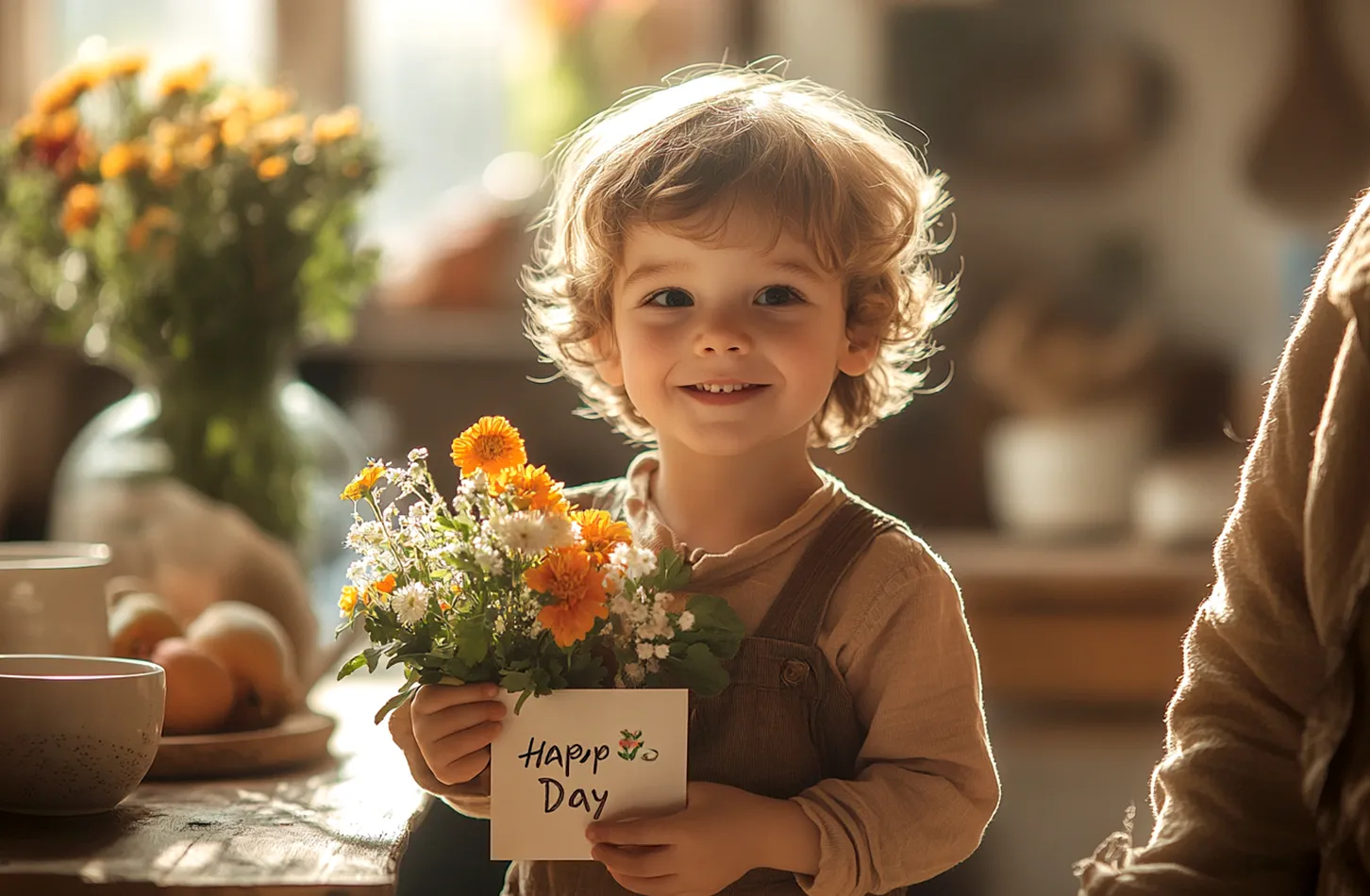 Kleiner Junge mit sanftem Lächeln hält einen Blumenstrauß und "Happy Day"-Karte für seine Oma zum Frauentag. Helles, gemütliches Zuhause.
