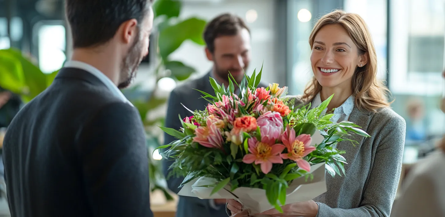 Grattis på Internationella kvinnodagen till min kollega: Affärskvinnan får en vacker blandad blombukett i rosa och rött på kontoret. Professionell uppskattning och respekt