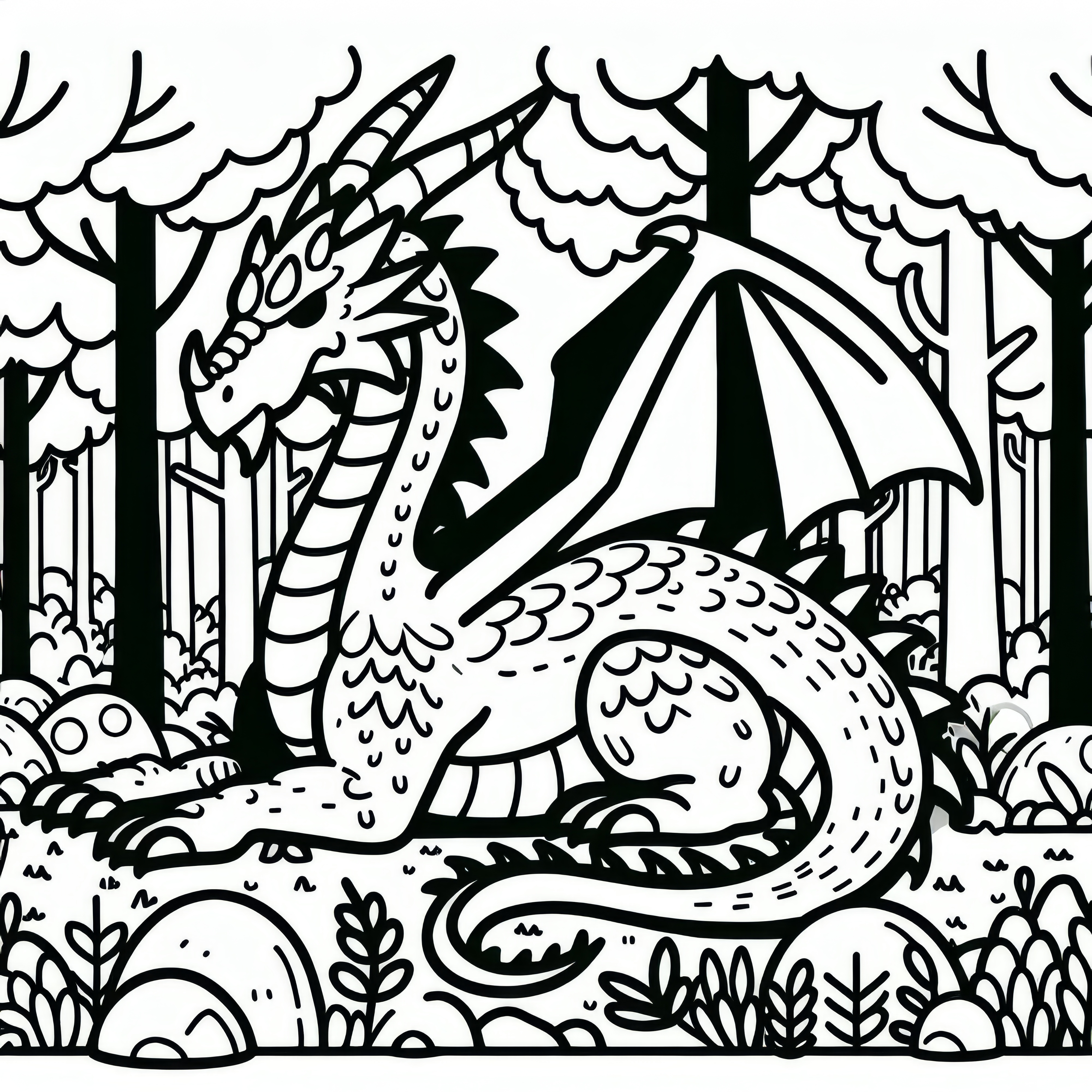Big dragon in the forest: Free coloring page