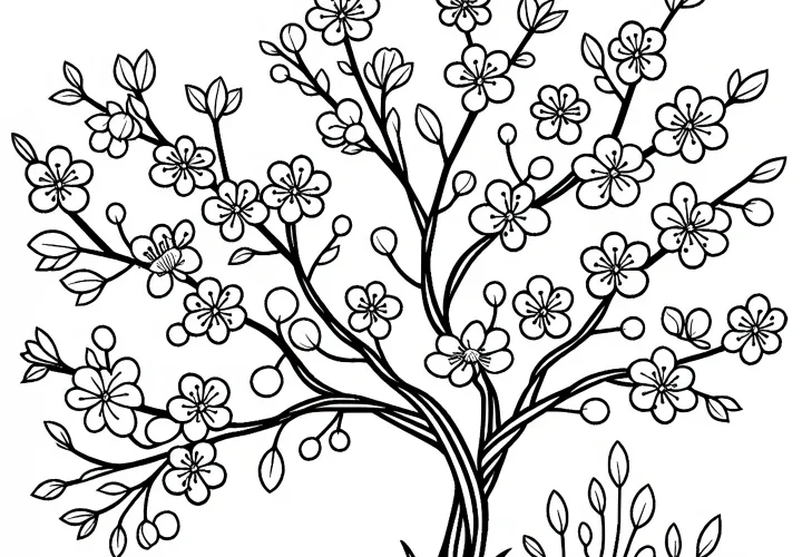 Květoucí sakura na jaře: omalovánka zdarma