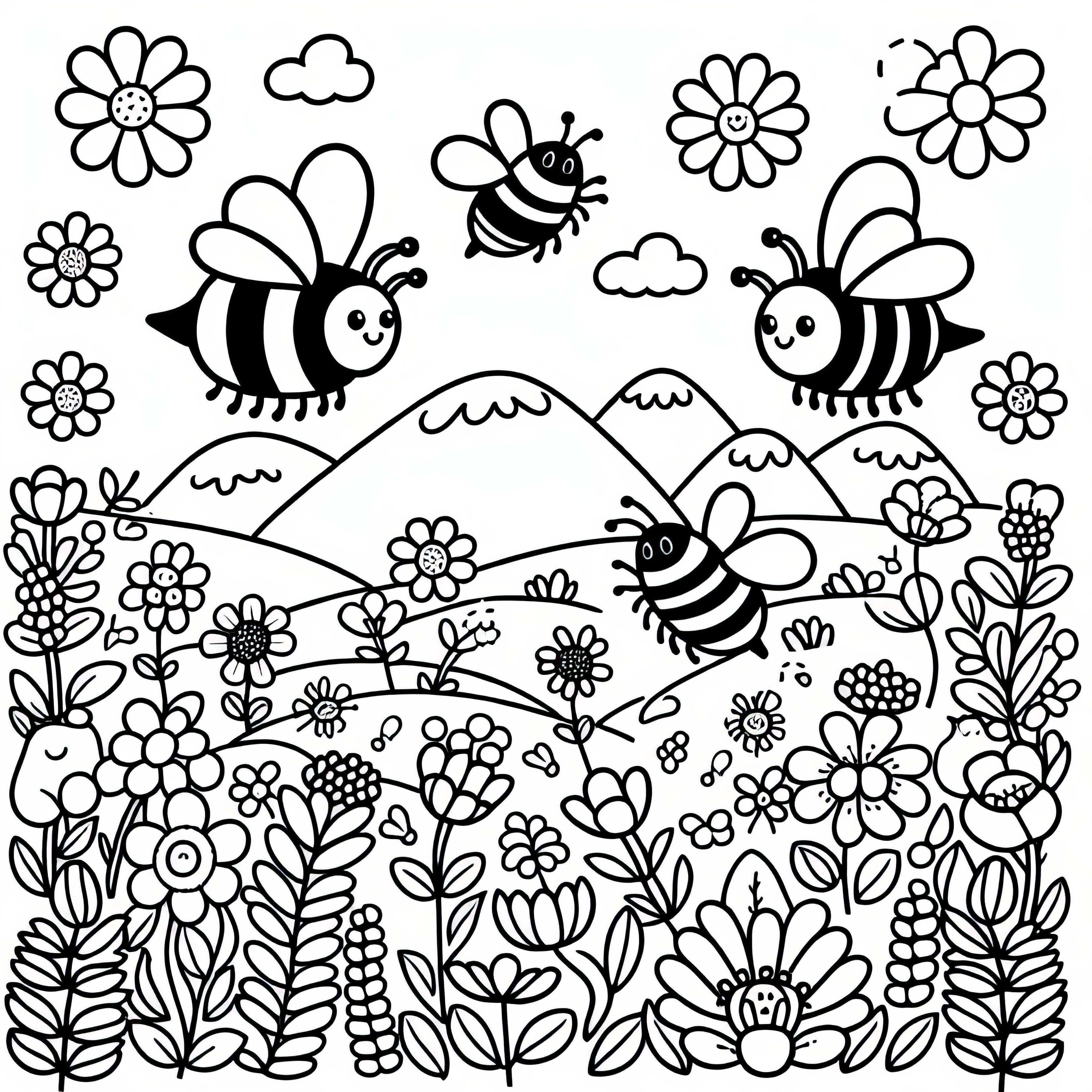 벌집이 축축한 봄날, 꽃 밭을 날아다니는 모습: 무료 색칠 그림