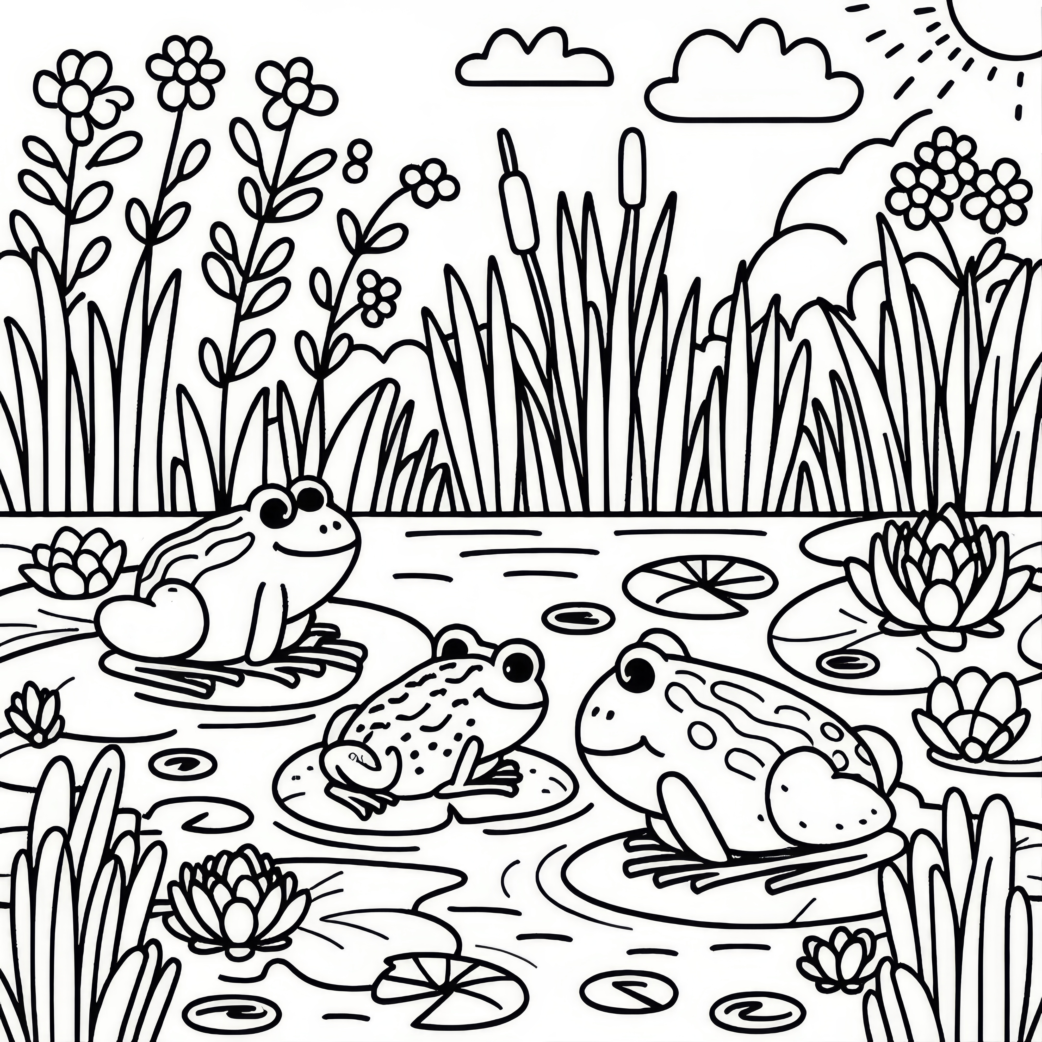 蛙、葦、および睡蓮のある池: 無料塗り絵