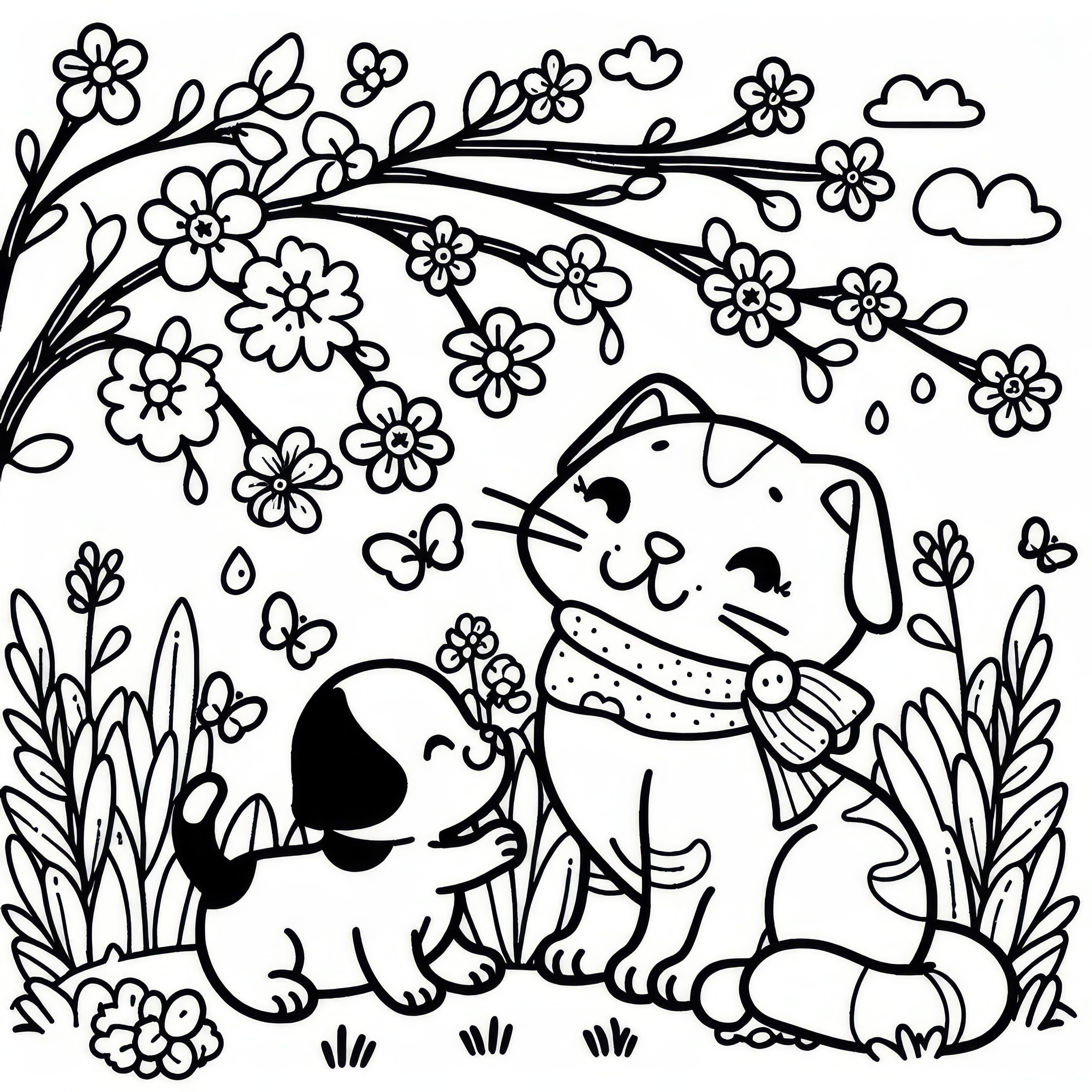 猫と子犬が春に遊んでいる：無料のぬりえ