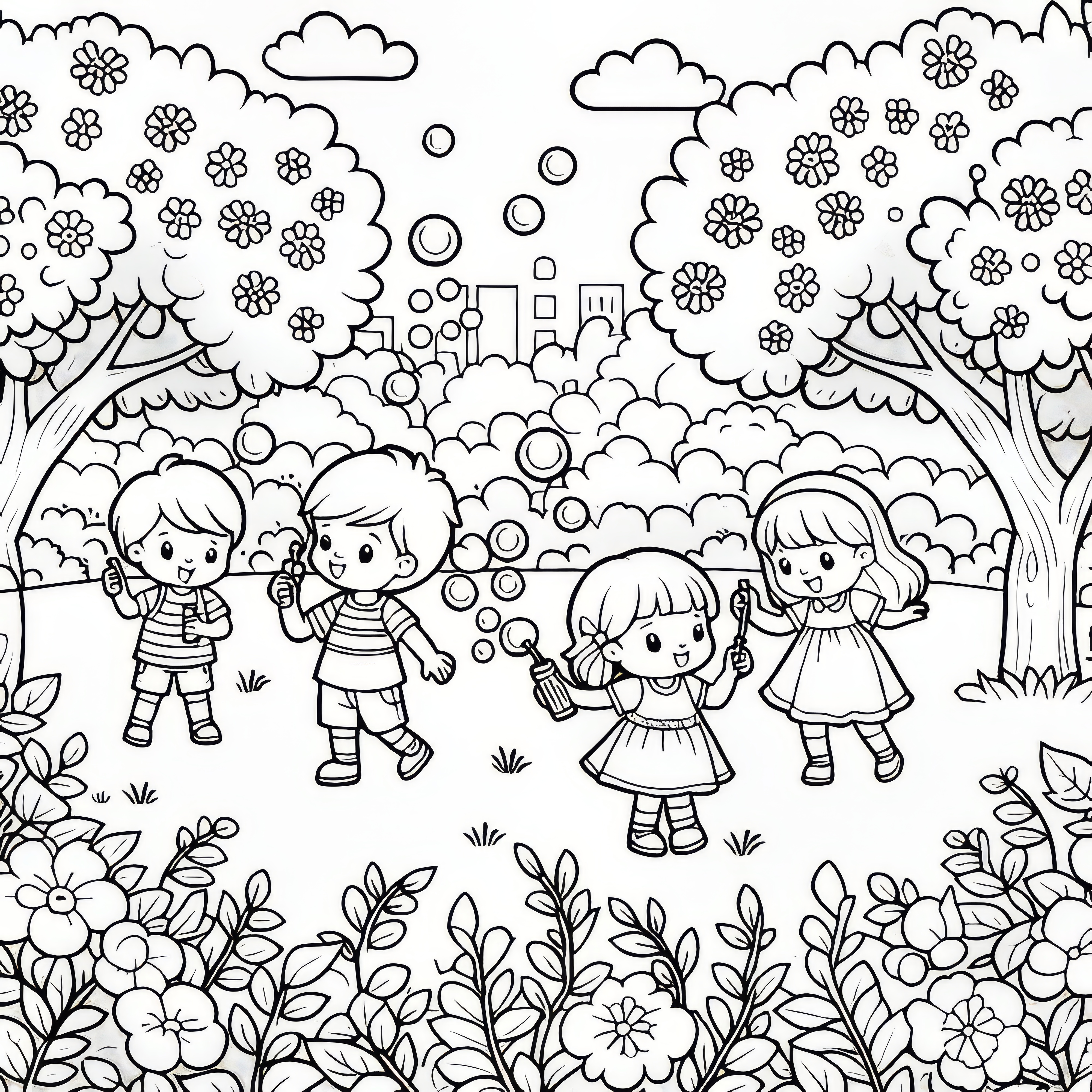 Crianças com bolas de sabão no jardim: imagem para colorir fresca da primavera