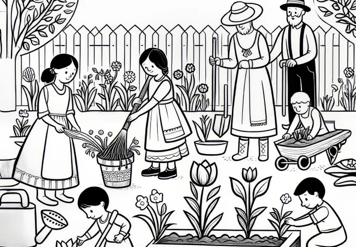 Mensen en planten: Eerste bloemen in de tuin in maart als kleurplaat (Gratis)