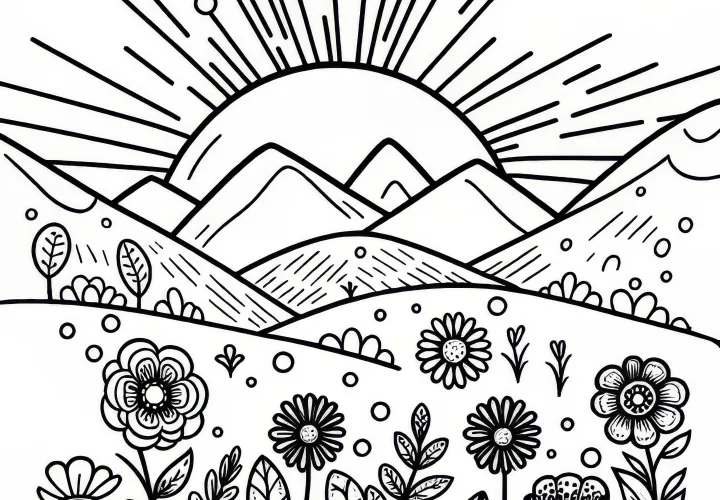 Opkomende zon achter berglandschap: Maart kleurplaat (Gratis)