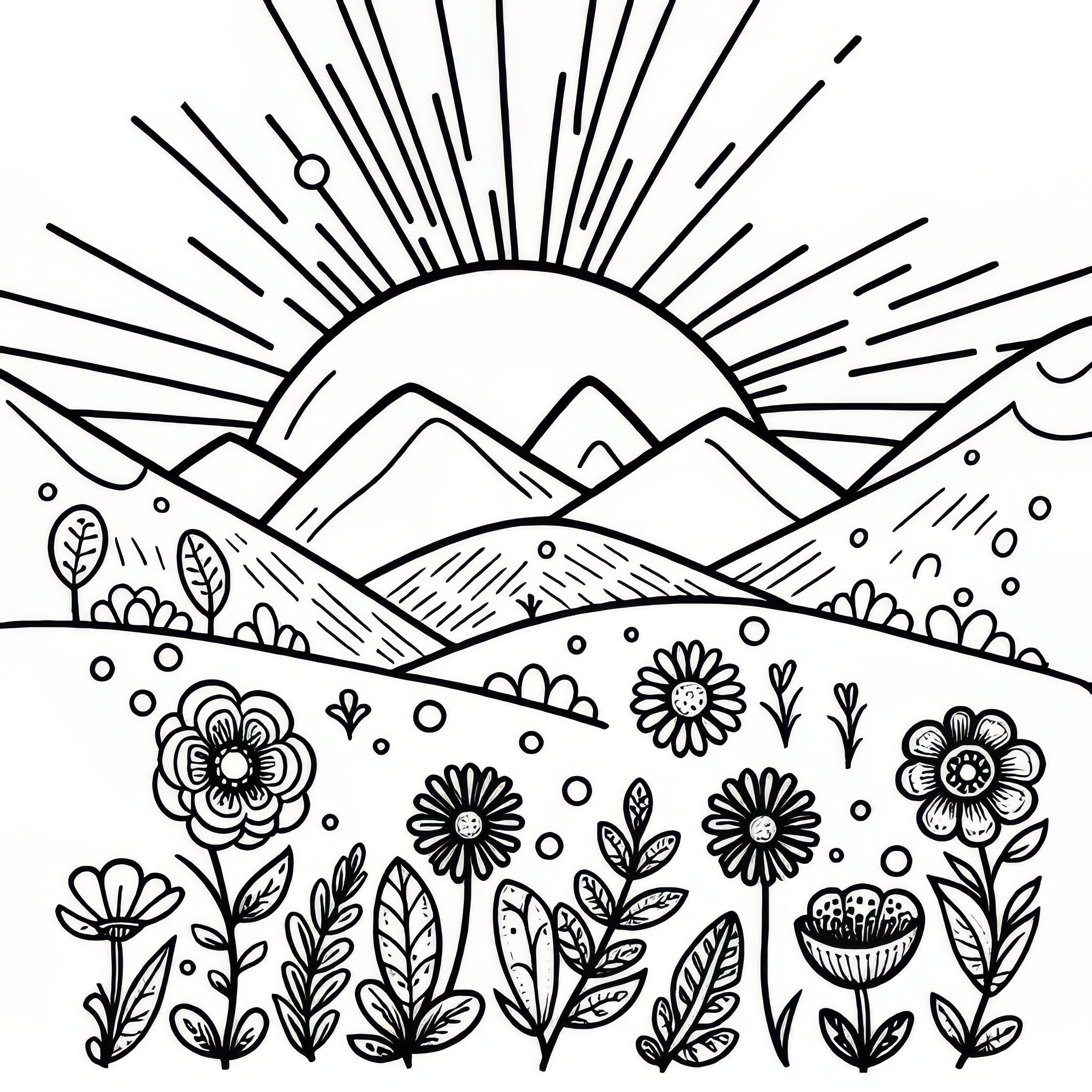 山岳地帯の背後に昇る太陽：3月の塗り絵（無料）