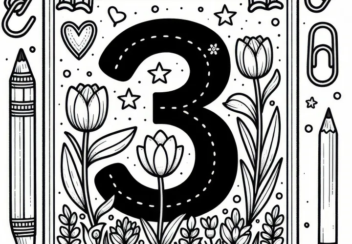 Nummer drie met bloeiende tulpen in maart: Gratis kleurplaat