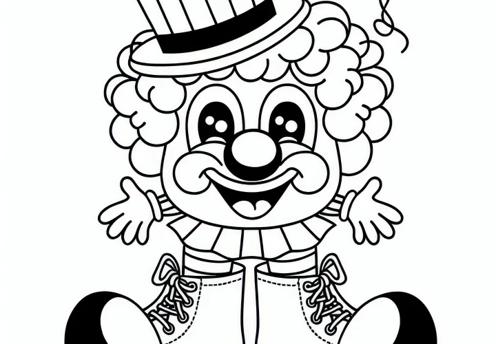 Klaun s veselou čiapkou, veľkými topánkami a červeným nosom - karnevalová maľovanka jednoduchá zadarmo Klaun s veselou čiapkou, veľkými topánkami a červeným nosom - karnevalová maľovanka jednoduchá zadarmo